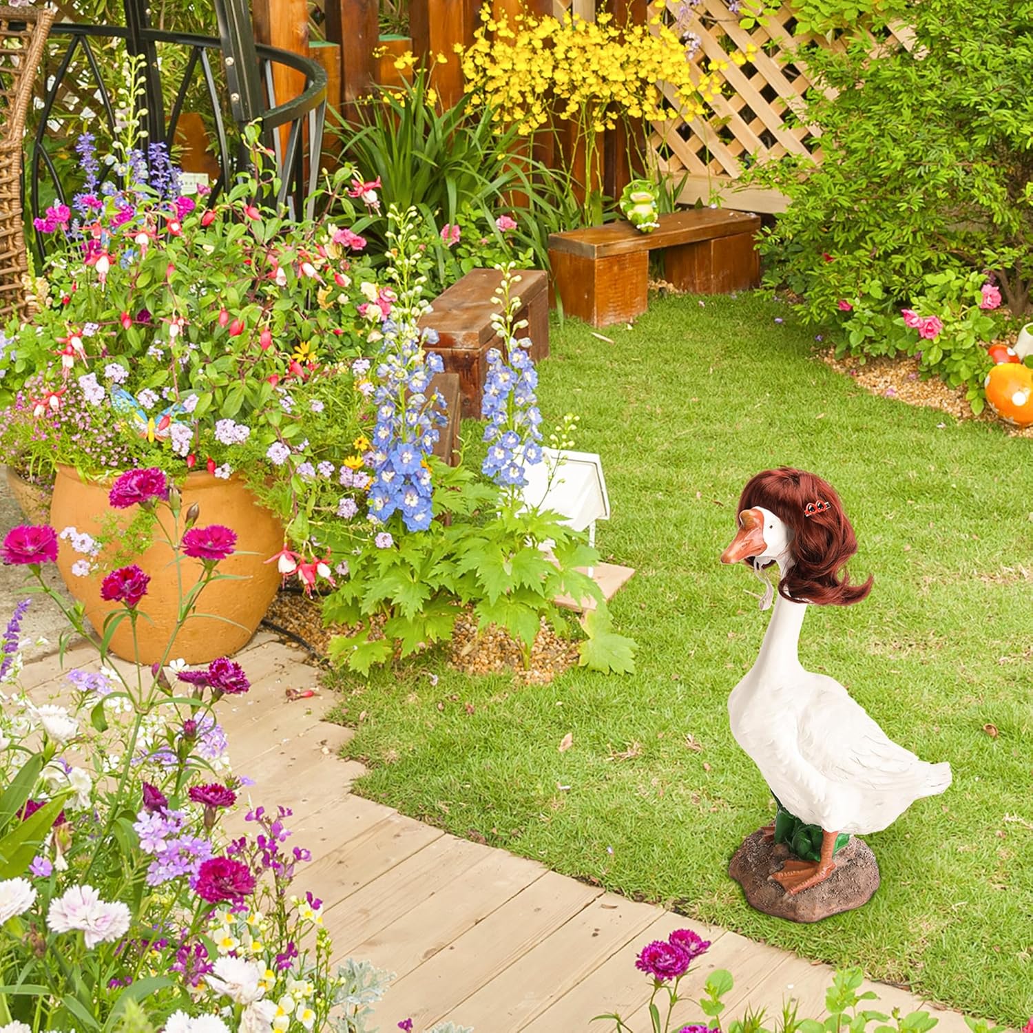 4 Pcs Porch Goose Wigs with Hair Clips, Cute Lawn Goose Statue Braid Wig, Porch Goose Outfits Costume for Outdoor Garden Patio Yard Goosey Decoration
