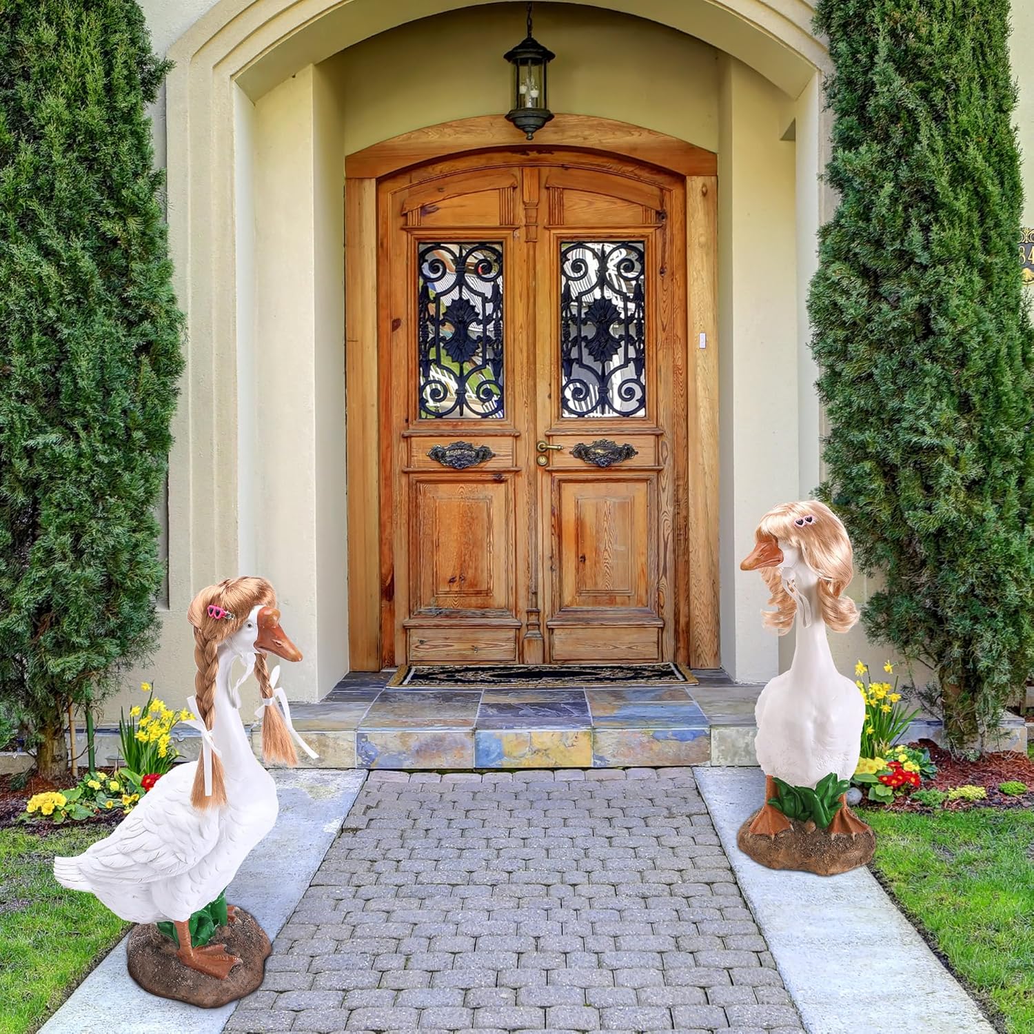 4 Pcs Porch Goose Wigs with Hair Clips, Cute Lawn Goose Statue Braid Wig, Porch Goose Outfits Costume for Outdoor Garden Patio Yard Goosey Decoration