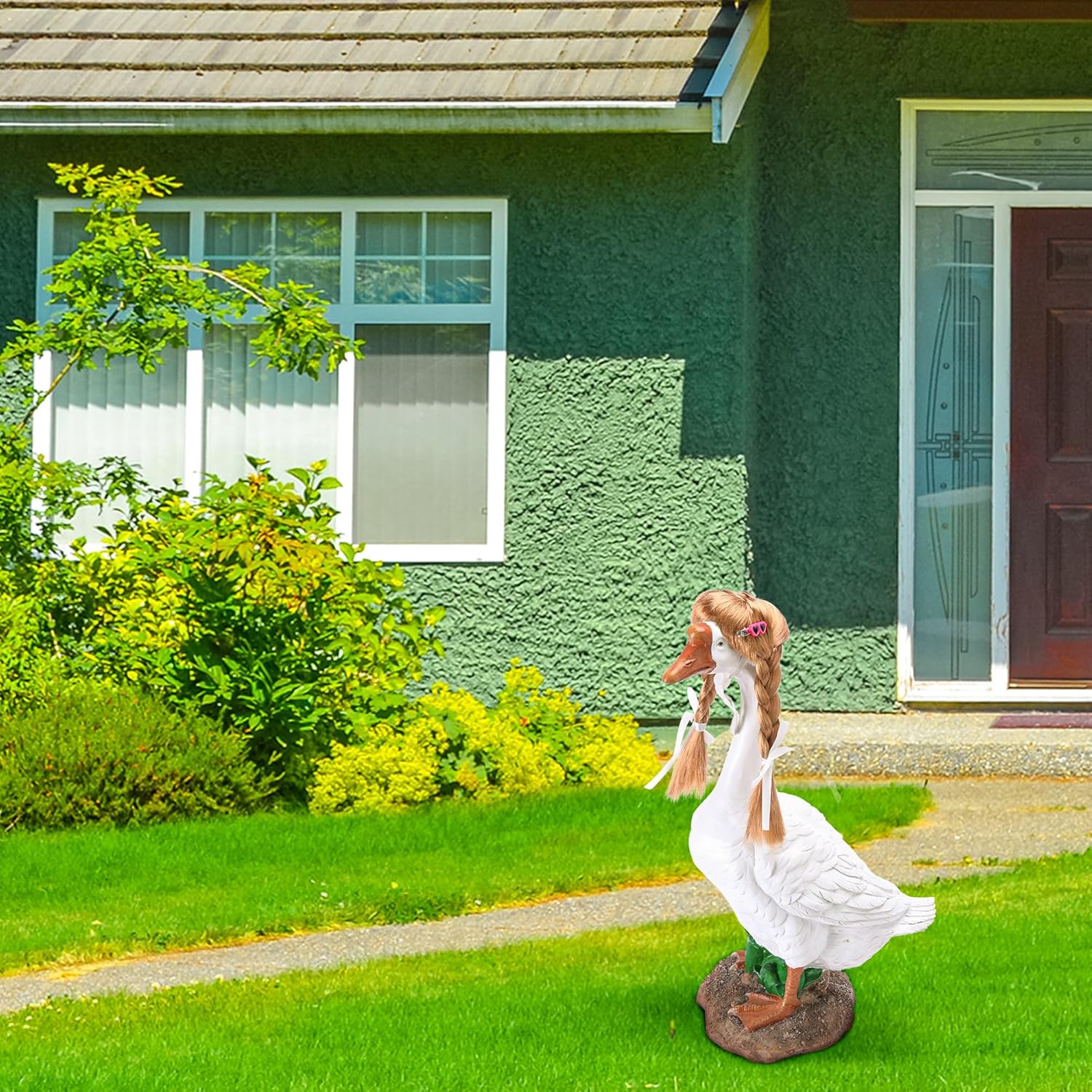 4 Pcs Porch Goose Wigs with Hair Clips, Cute Lawn Goose Statue Braid Wig, Porch Goose Outfits Costume for Outdoor Garden Patio Yard Goosey Decoration