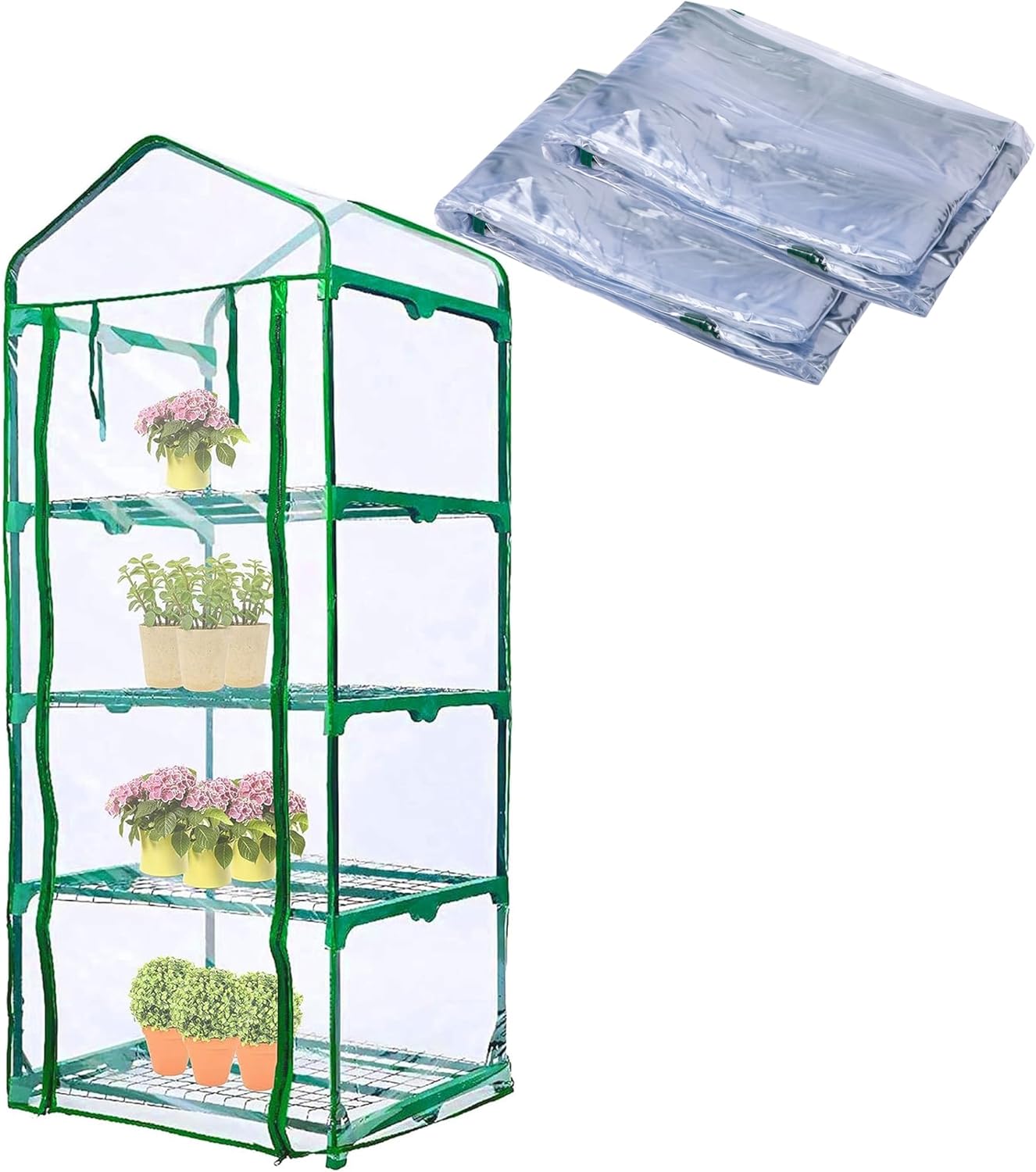 2 Pcs 4 Tier Greenhouse Replacement Cover- 27 x 19 x 63 Inch Clear PVC Plant Greenhouse Cover with Roll-Up Zipper Door for Gardening Plants Flowers Frame Not Include