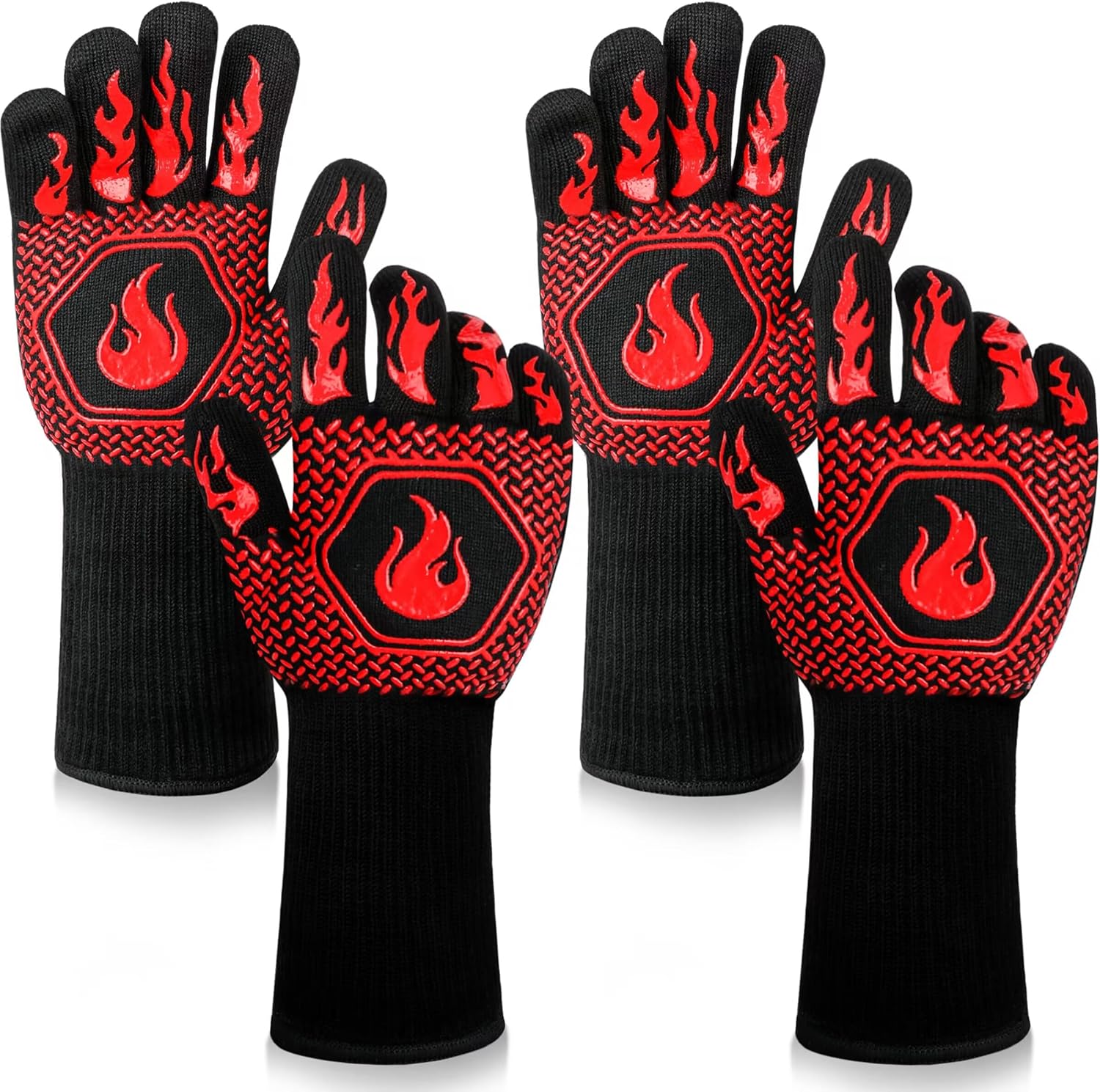 BBQ Fireproof Gloves, Grill Cut-Resistant Gloves 1472°F Heat Resistant Gloves, Non-Slip Silicone Oven Gloves, Kitchen Safe Cooking Gloves for Oven Mitts,Barbecue,Cooking, Frying, Red 2 Pairs