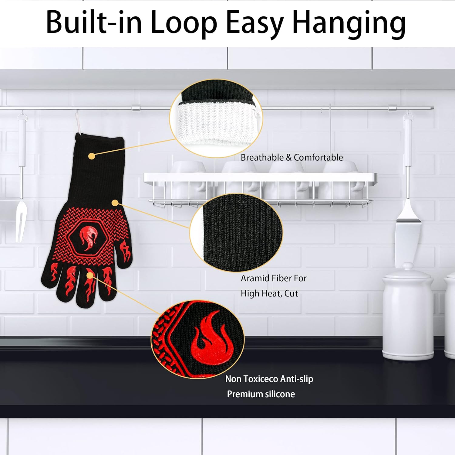 BBQ Fireproof Gloves, Grill Cut-Resistant Gloves 1472°F Heat Resistant Gloves, Non-Slip Silicone Oven Gloves, Kitchen Safe Cooking Gloves for Oven Mitts,Barbecue,Cooking, Frying, Red 2 Pairs