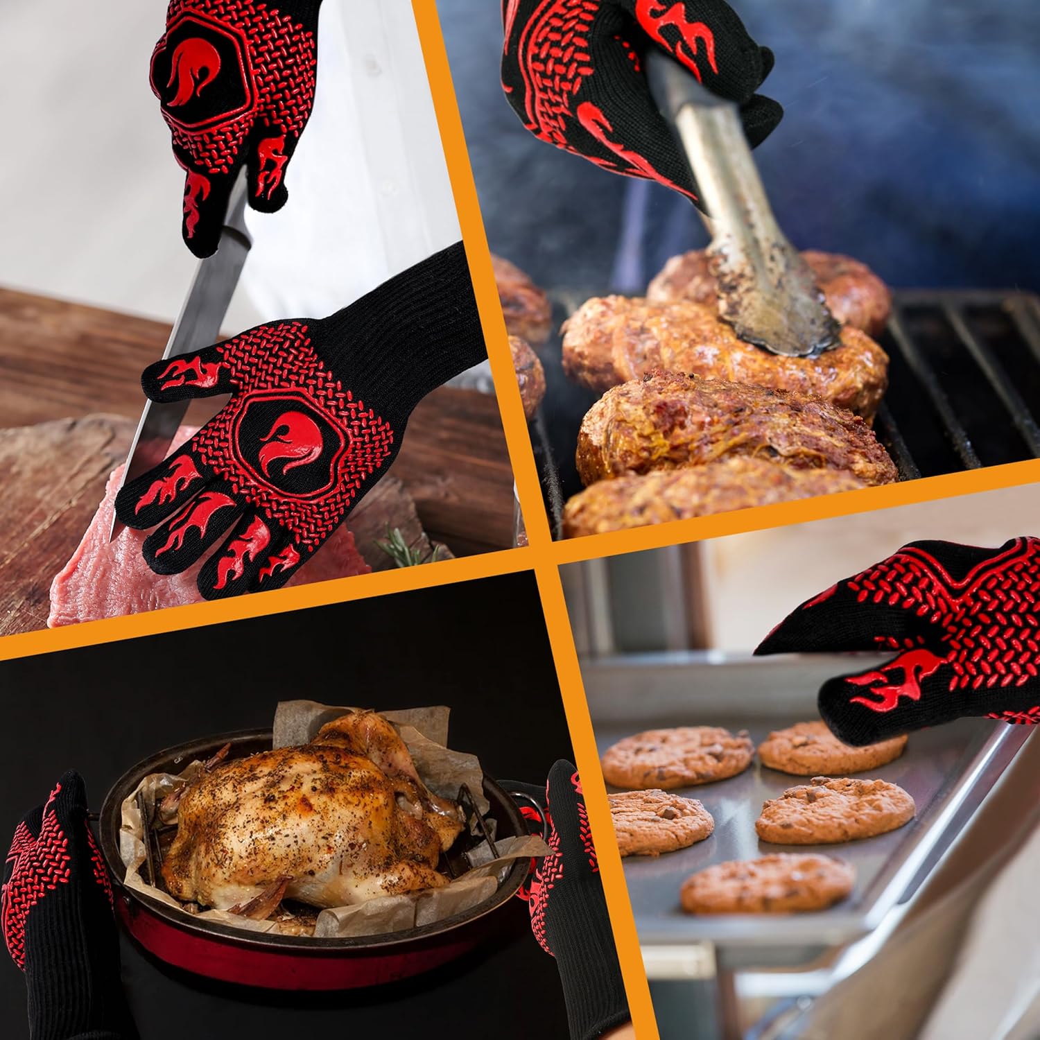 BBQ Fireproof Gloves, Grill Cut-Resistant Gloves 1472°F Heat Resistant Gloves, Non-Slip Silicone Oven Gloves, Kitchen Safe Cooking Gloves for Oven Mitts,Barbecue,Cooking, Frying, Red 2 Pairs
