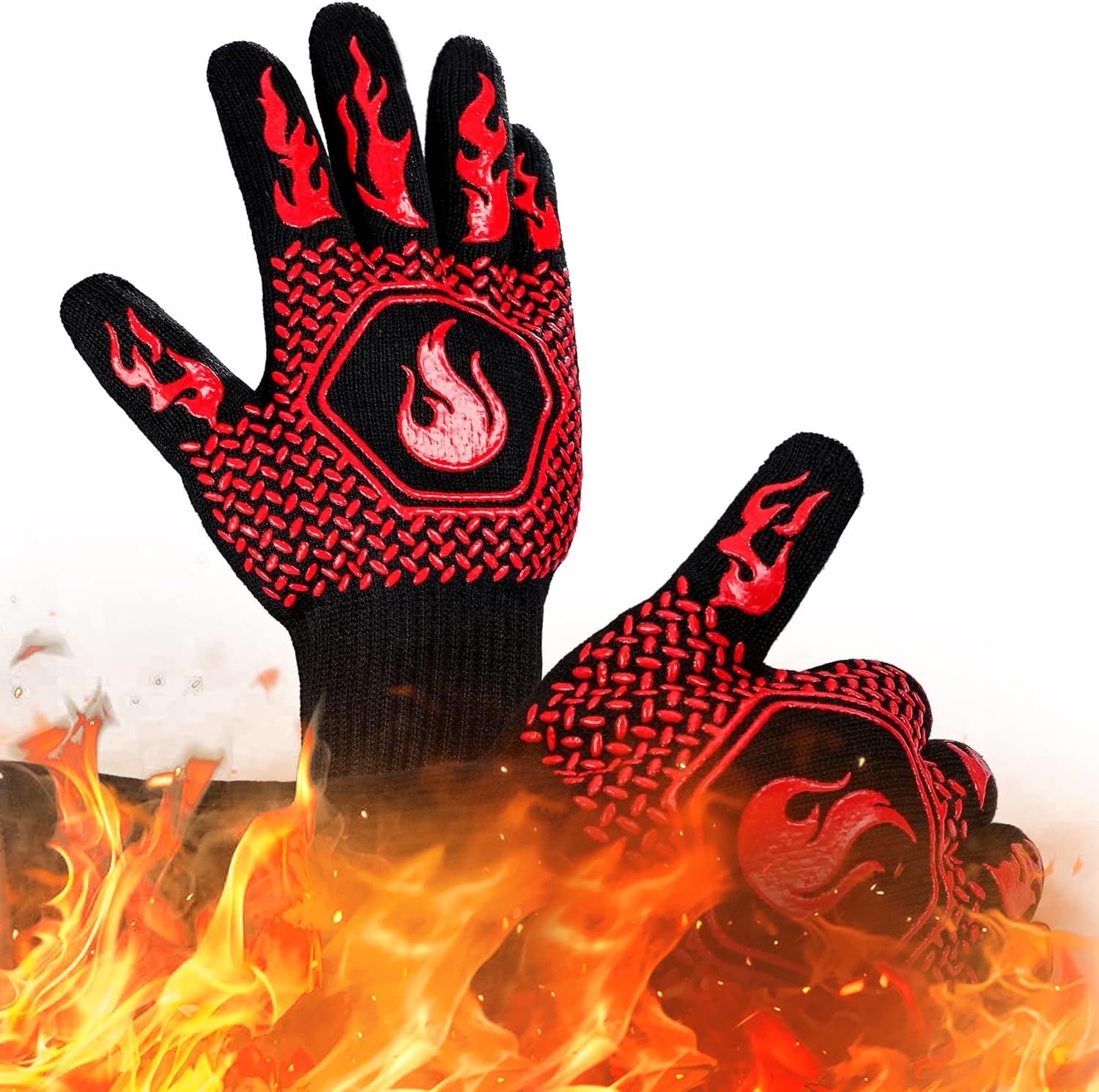 BBQ Fireproof Gloves, Grill Cut-Resistant Gloves 1472°F Heat Resistant Gloves, Non-Slip Silicone Oven Gloves, Kitchen Safe Cooking Gloves for Oven Mitts,Barbecue,Cooking, Frying, Red 2 Pairs