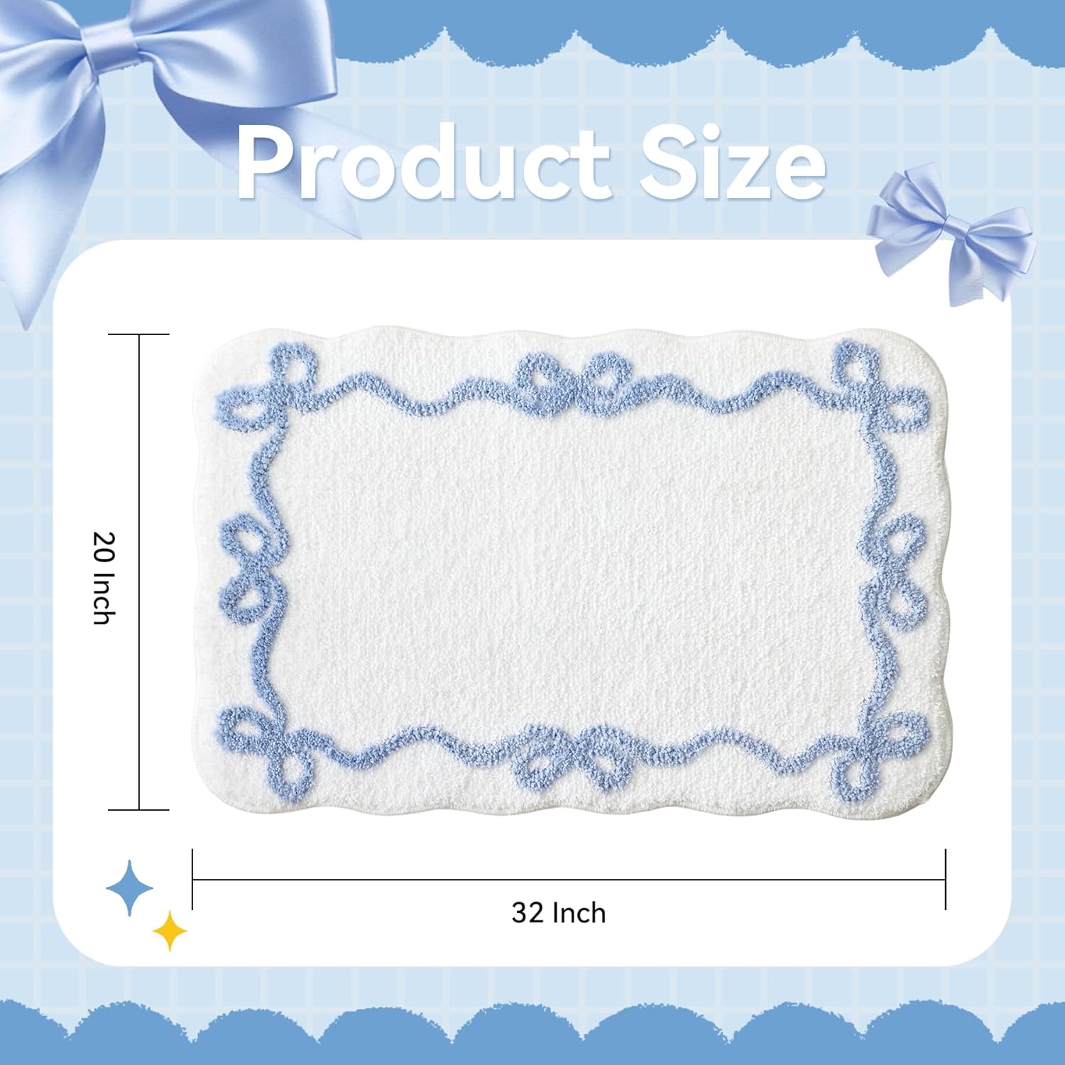 Blue Scalloped Bath Mat - Cute Bow Bathroom Rugs Small Non Slip Bath Mat, Soft & Absorbent Bath Rugs for Bathroom Decor, Tub, Vanity Floor