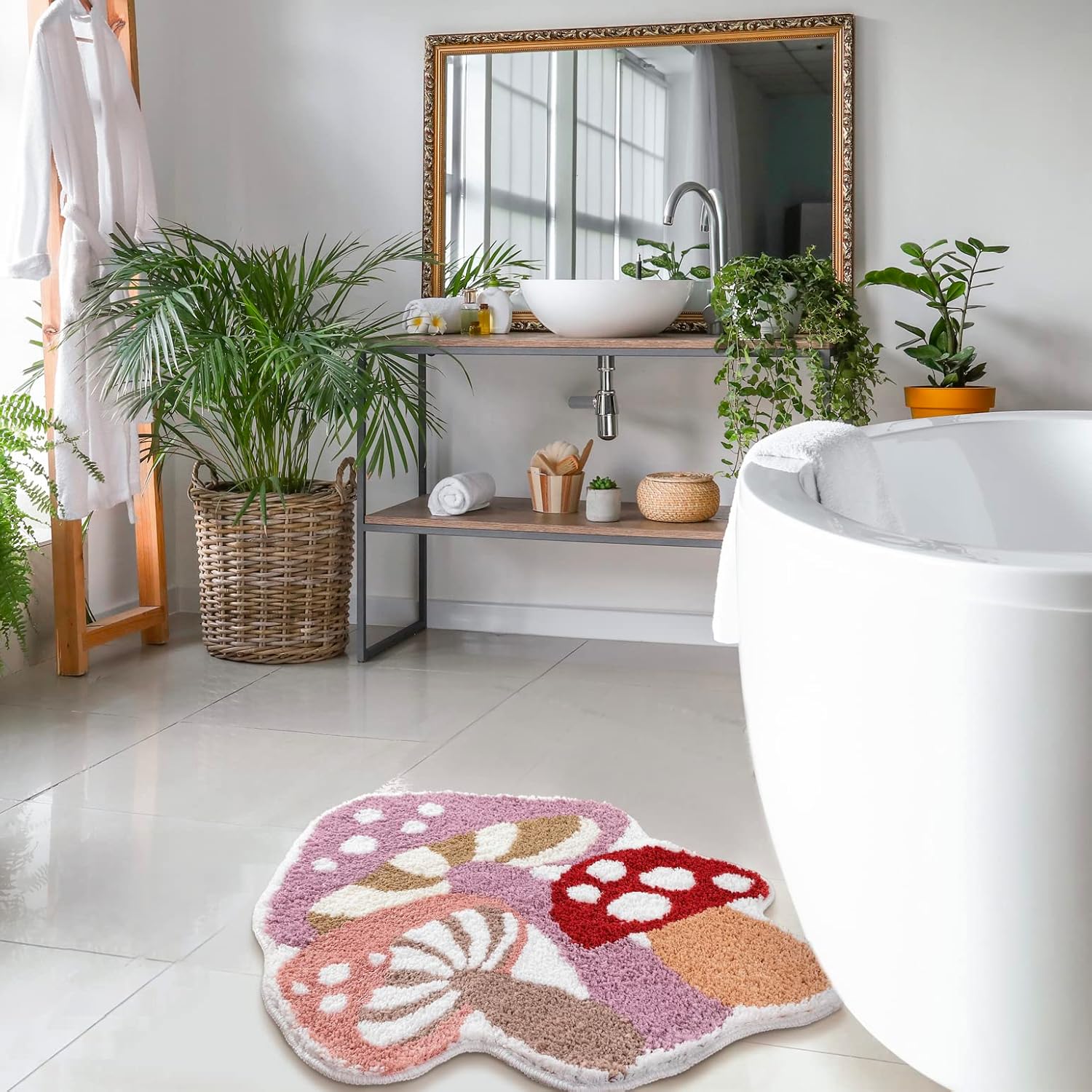 Cute Non Slip Kids Bath Mat - Strong Absorbent Soft Washable Purple Mushroom Boho Bath Rug for Tub, Shower & Bathroom