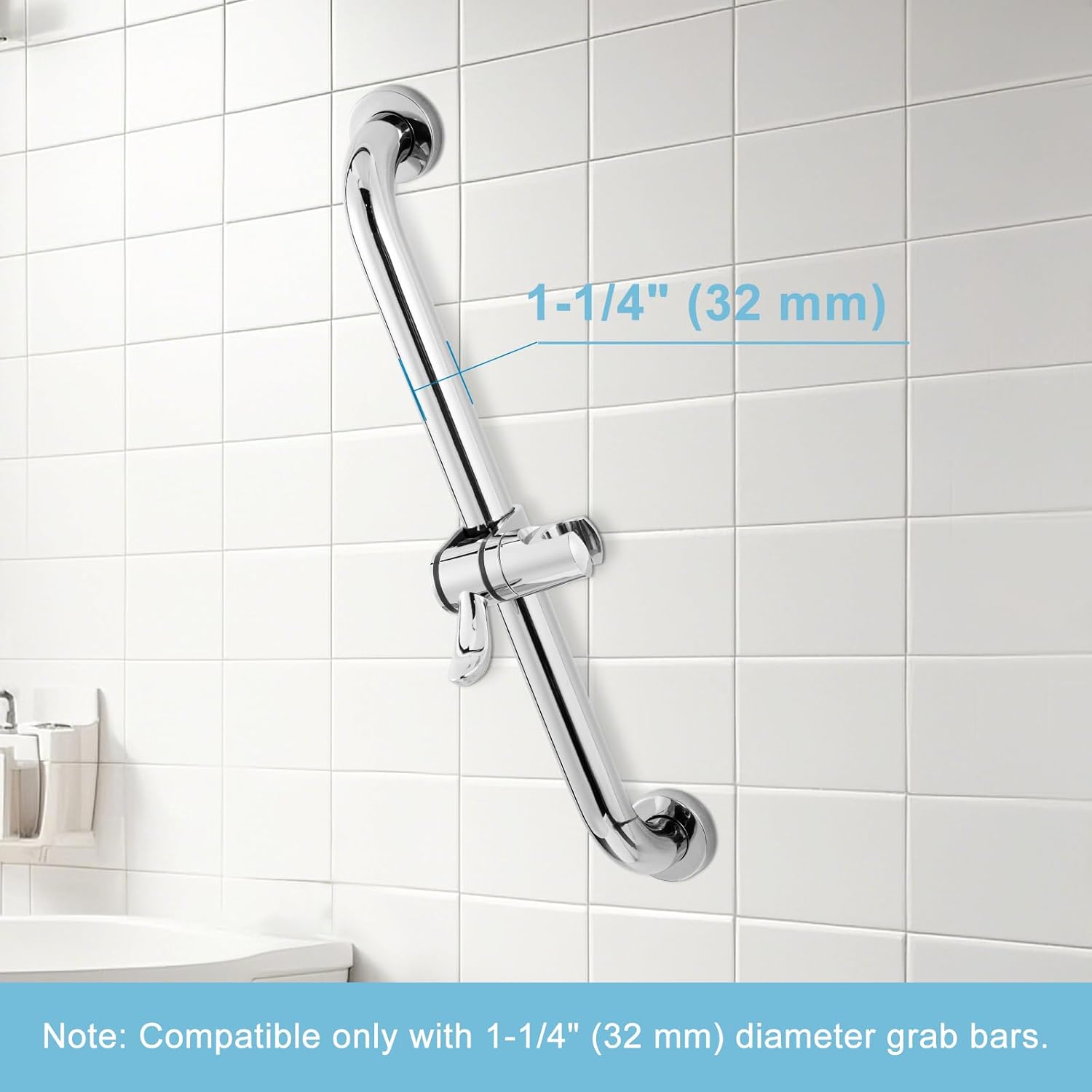 ADA Handshower Shower Grab Bar Head Holder, Universal Fit 1.25'' 32mm Hand Held Shower Bracket for Handicap Grab Bar, Detachable Bathroom Replacement, 360 Degree Rotation Sprayer Holder, Chrome