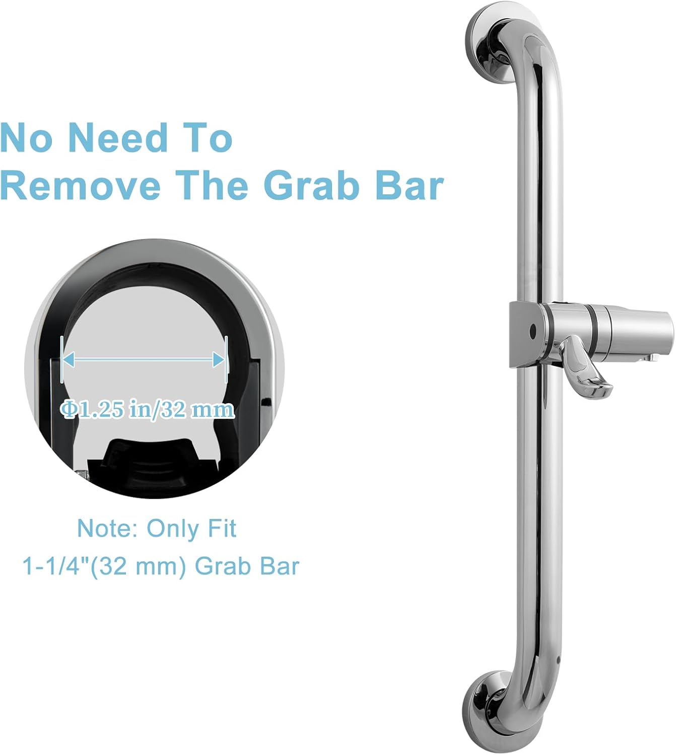ADA Handshower Shower Grab Bar Head Holder, Universal Fit 1.25'' 32mm Hand Held Shower Bracket for Handicap Grab Bar, Detachable Bathroom Replacement, 360 Degree Rotation Sprayer Holder, Chrome