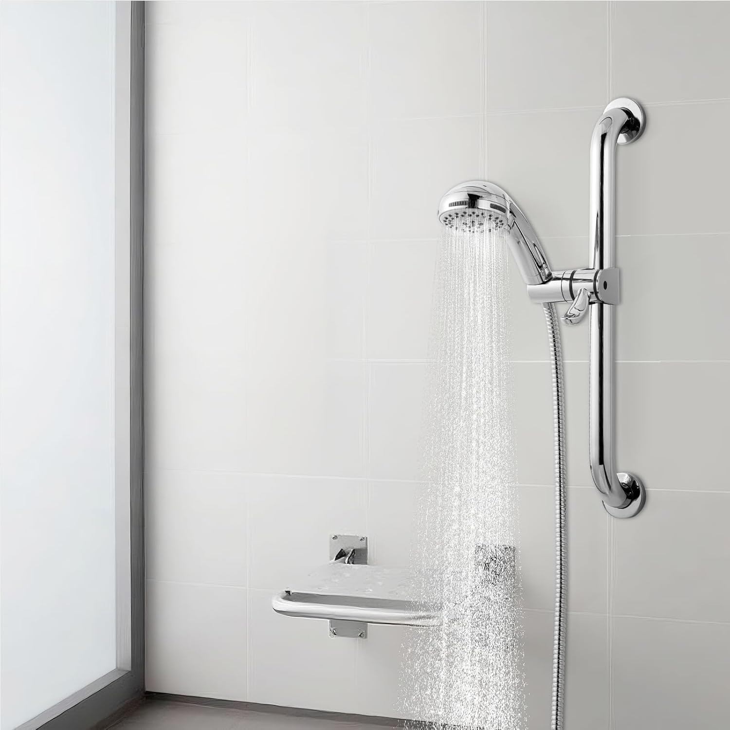ADA Handshower Shower Grab Bar Head Holder, Universal Fit 1.25'' 32mm Hand Held Shower Bracket for Handicap Grab Bar, Detachable Bathroom Replacement, 360 Degree Rotation Sprayer Holder, Chrome