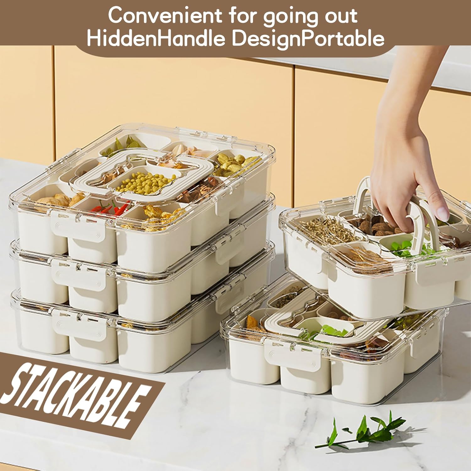 Snackle Box Container, Portable 9 Compartments Divided Serving Tray with Lid and Handle, Clear Snack Box, Stackable Snack Platters Organizer for Fruits, Candies, Vegetables, Nuts-2 PACK