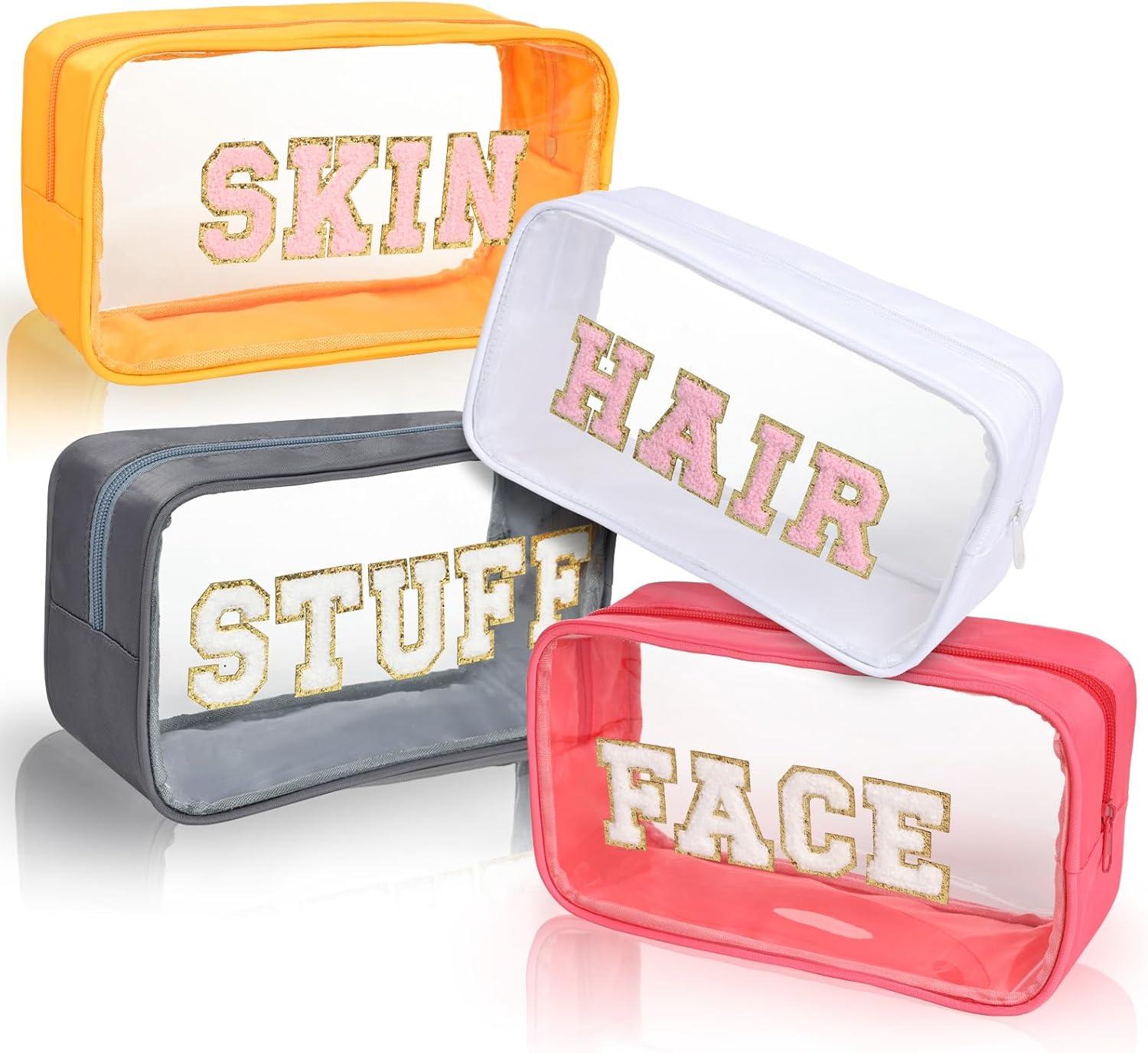 Clear Makeup Bags with Chenille Letters, 4 Pack Preppy Cosmetic Pouch Zipper, Personalized Initial beauty case, Travel Toiletry vanity organizer for Women Girl Hair, Face, Skin, Stuff