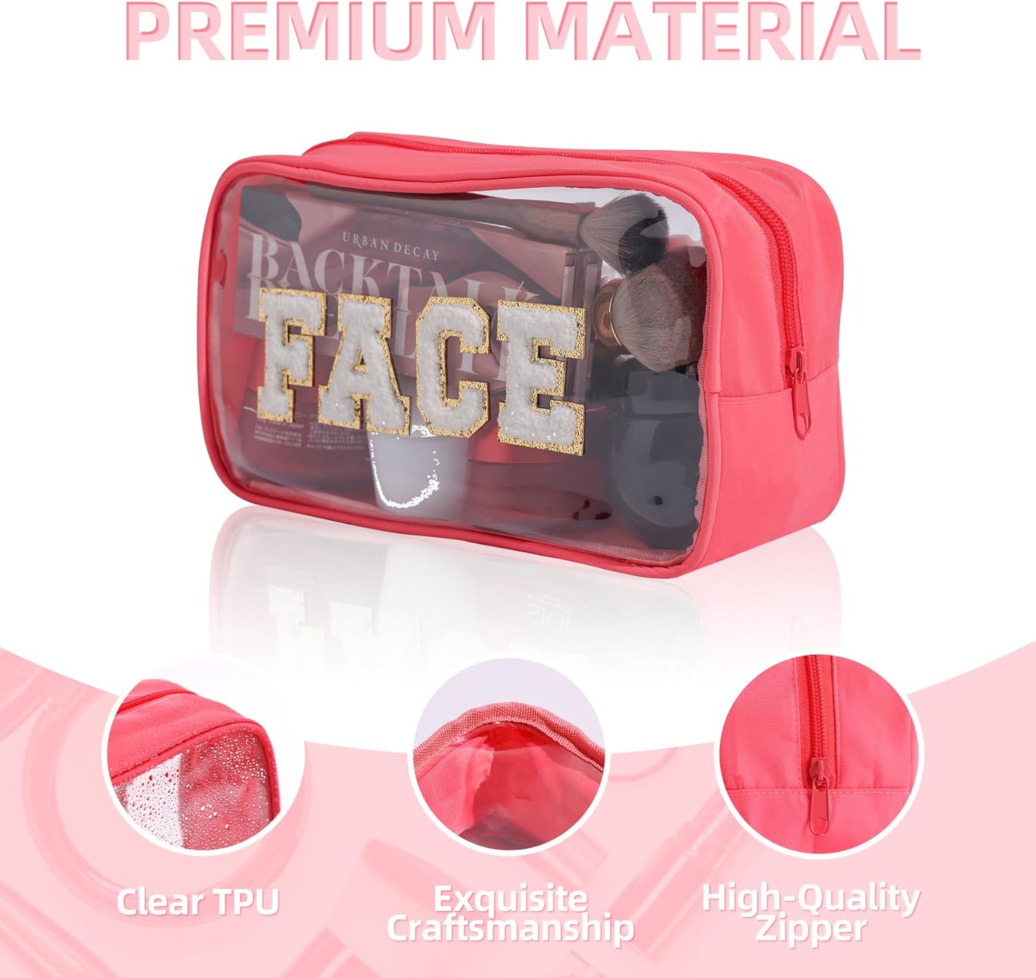 Clear Makeup Bags with Chenille Letters, 4 Pack Preppy Cosmetic Pouch Zipper, Personalized Initial beauty case, Travel Toiletry vanity organizer for Women Girl Hair, Face, Skin, Stuff