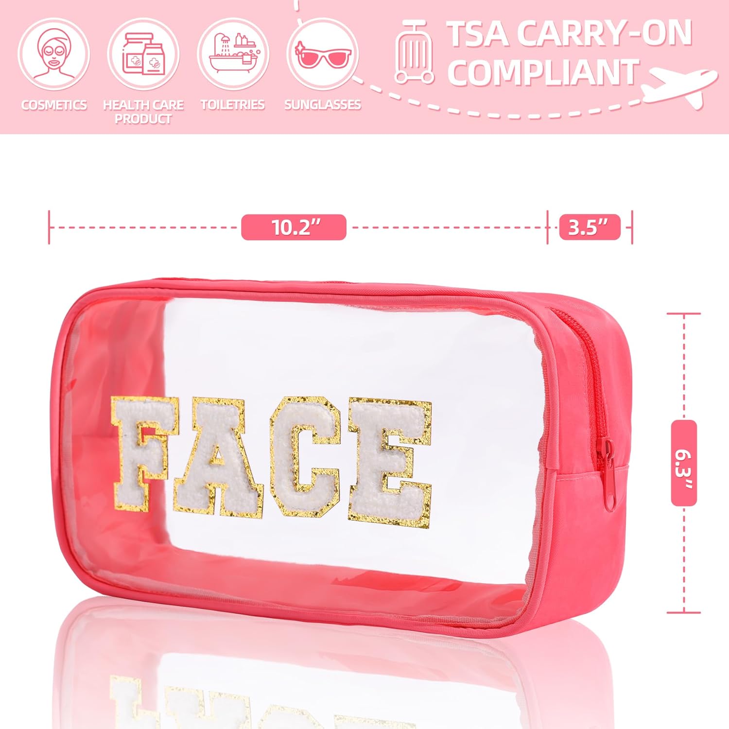 Clear Makeup Bags with Chenille Letters, 4 Pack Preppy Cosmetic Pouch Zipper, Personalized Initial beauty case, Travel Toiletry vanity organizer for Women Girl Hair, Face, Skin, Stuff