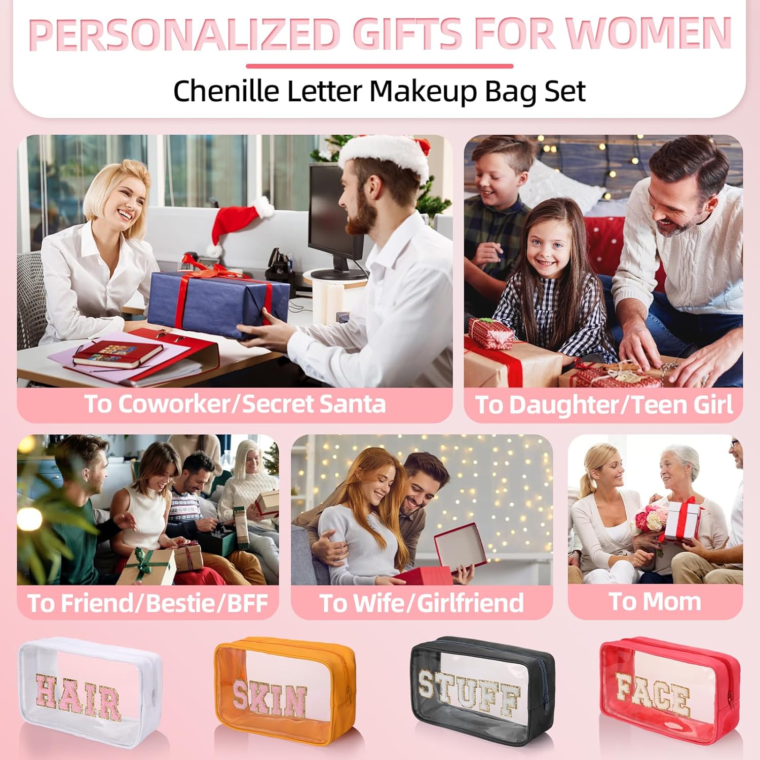 Clear Makeup Bags with Chenille Letters, 4 Pack Preppy Cosmetic Pouch Zipper, Personalized Initial beauty case, Travel Toiletry vanity organizer for Women Girl Hair, Face, Skin, Stuff