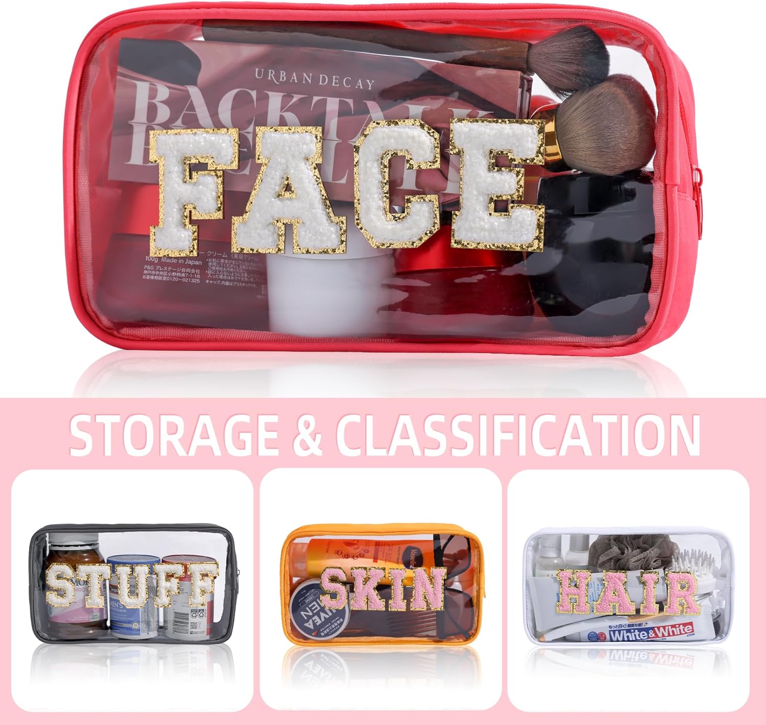 Clear Makeup Bags with Chenille Letters, 4 Pack Preppy Cosmetic Pouch Zipper, Personalized Initial beauty case, Travel Toiletry vanity organizer for Women Girl Hair, Face, Skin, Stuff