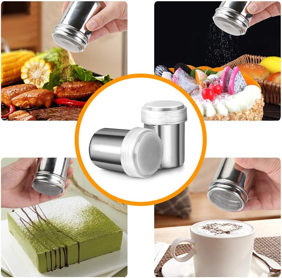 2pcs Powder Sugar Shakers+ 2pcs Salt and Pepper Shakers with Handle,Shakers For Cinnamon Sugar Pepper Powder Cocoa Flour Salt