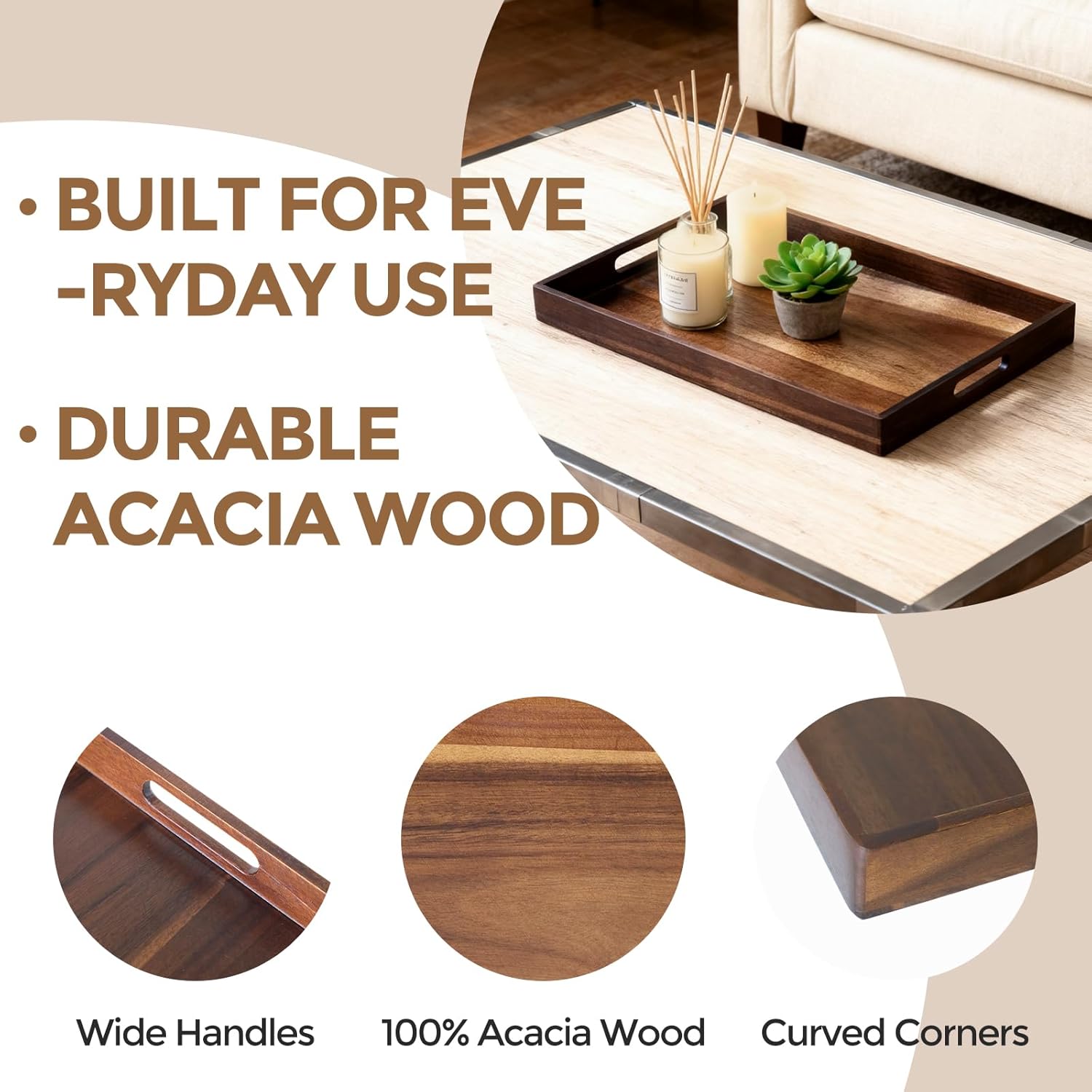 Acacia Wood Serving Tray with Handles, 17 Inch Wooden Tray for Ottoman, Breakfast, Lunch, Dinner, Decorative Rectangular Tray for Living Room, Kitchen Counter, Outdoor