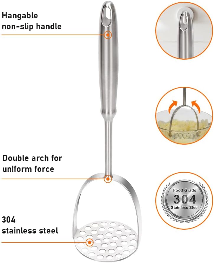 Potato Masher, Dual Arc for Easy, Labor-Saving Mashing, 304 Stainless Steel, Sturdy and Durable One-Piece Potato Press, Dishwasher Safe, for Potatoes and More