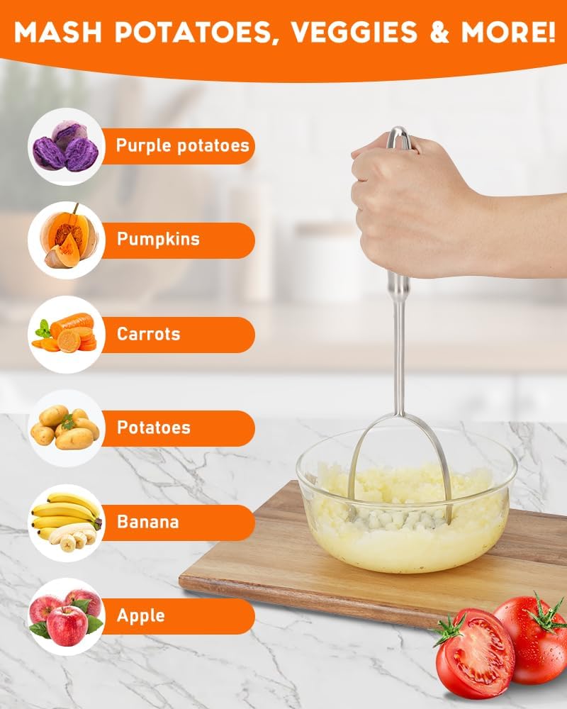 Potato Masher, Dual Arc for Easy, Labor-Saving Mashing, 304 Stainless Steel, Sturdy and Durable One-Piece Potato Press, Dishwasher Safe, for Potatoes and More