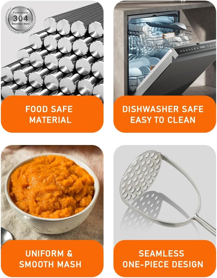 Potato Masher, Dual Arc for Easy, Labor-Saving Mashing, 304 Stainless Steel, Sturdy and Durable One-Piece Potato Press, Dishwasher Safe, for Potatoes and More