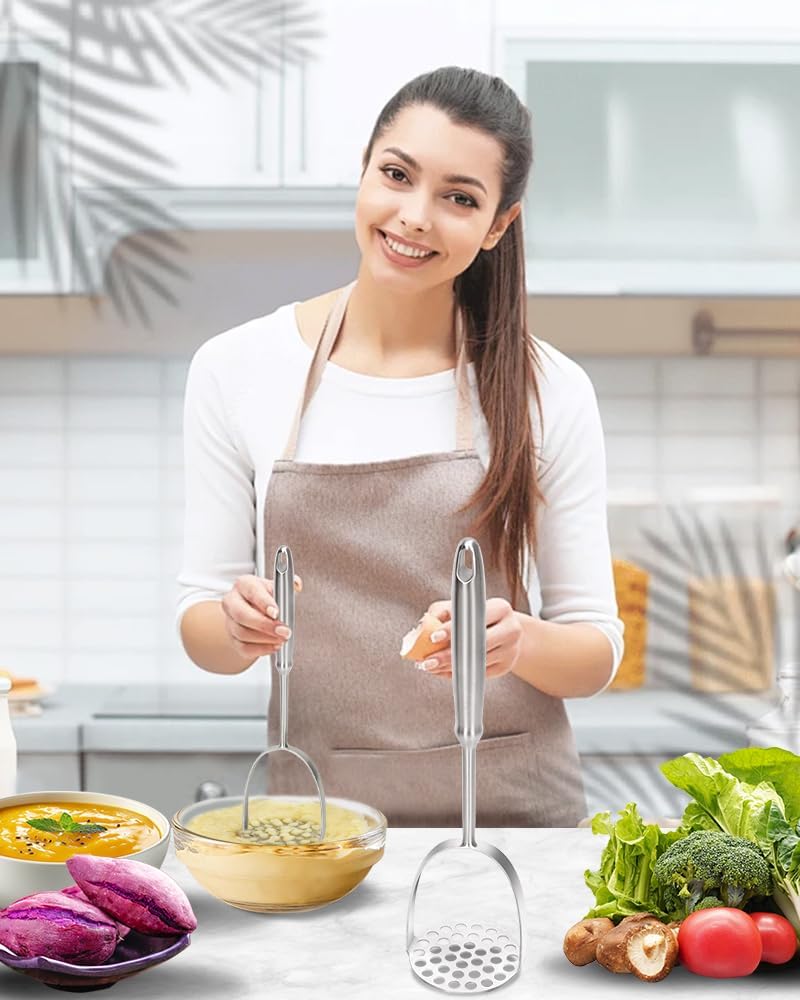 Potato Masher, Dual Arc for Easy, Labor-Saving Mashing, 304 Stainless Steel, Sturdy and Durable One-Piece Potato Press, Dishwasher Safe, for Potatoes and More