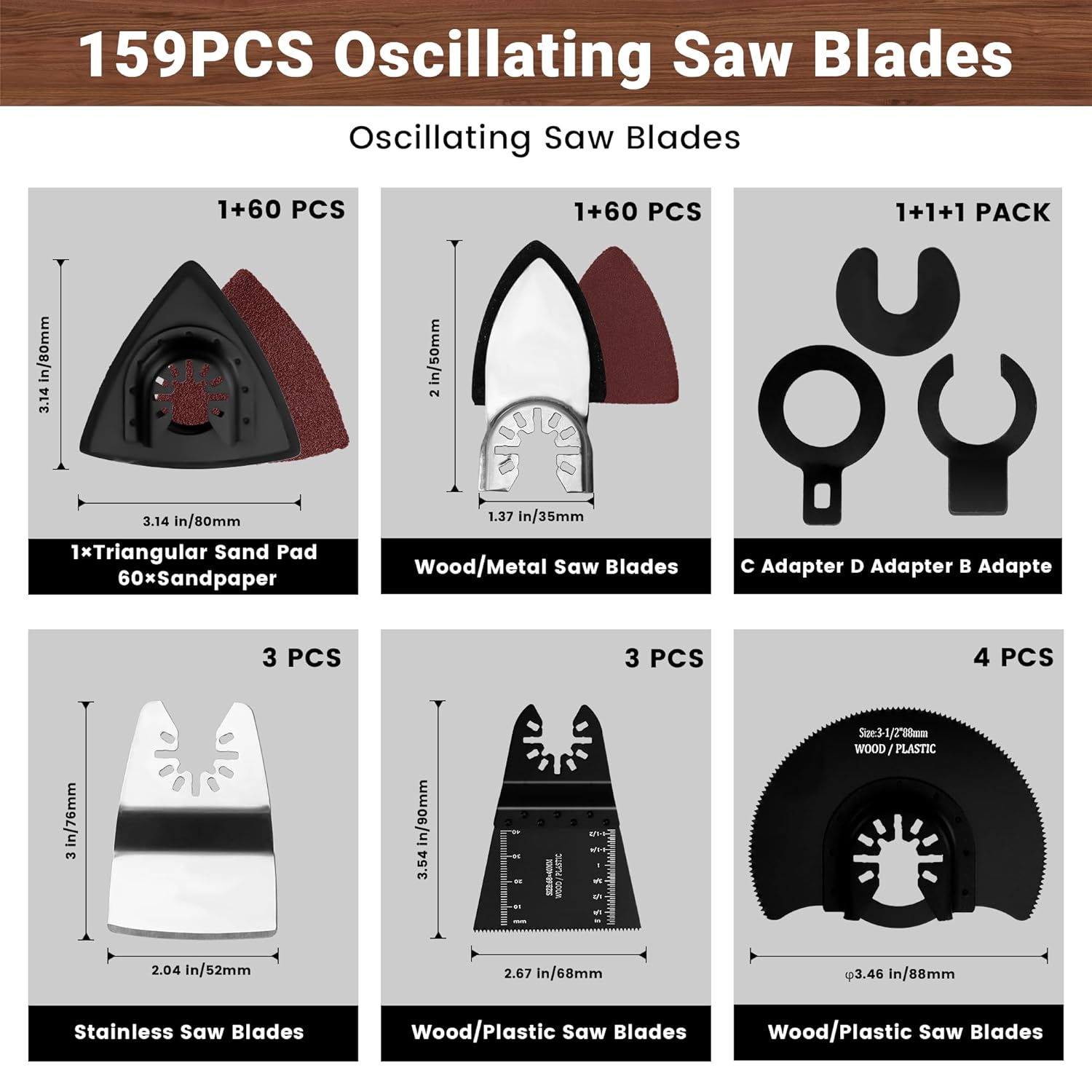159 PCS Oscillating Saw Blades with Sandpaper, Universal Titanium Multitool Blades for Wood/Plastics/Metal, Quick Release Multi Tool Kits Compatible with Dewalt, Ridgid, Ryobi, Rockwell