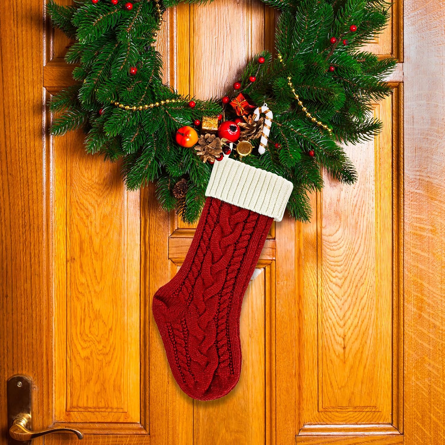 2 Pack 18" Personalized Christmas Stockings, 18inch Large Cable Knitted Xmas Hanging Stocking Decorations for Holiday Christmas Party Family Decor Lvory/Burgundy