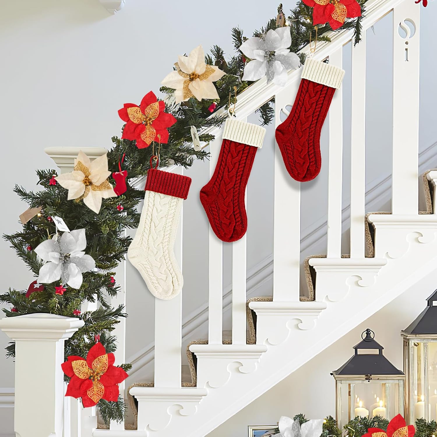 2 Pack 18" Personalized Christmas Stockings, 18inch Large Cable Knitted Xmas Hanging Stocking Decorations for Holiday Christmas Party Family Decor Lvory/Burgundy