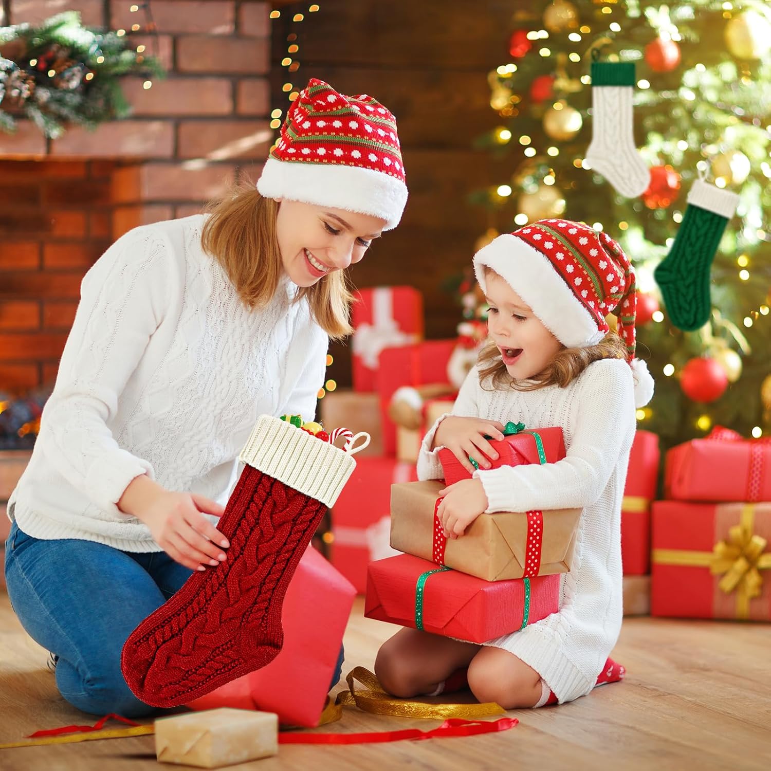 2 Pack 18" Personalized Christmas Stockings, 18inch Large Cable Knitted Xmas Hanging Stocking Decorations for Holiday Christmas Party Family Decor Lvory/Burgundy