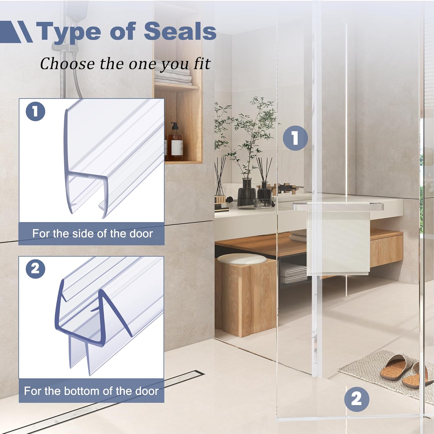 Frameless Shower Door Seal Set for 1/4 Inch Glass Doors - 2-Pack Bottom Seal and 2-Pack Side – Stop Shower Leaks and Create a Water Barrier 1/4” x 39”