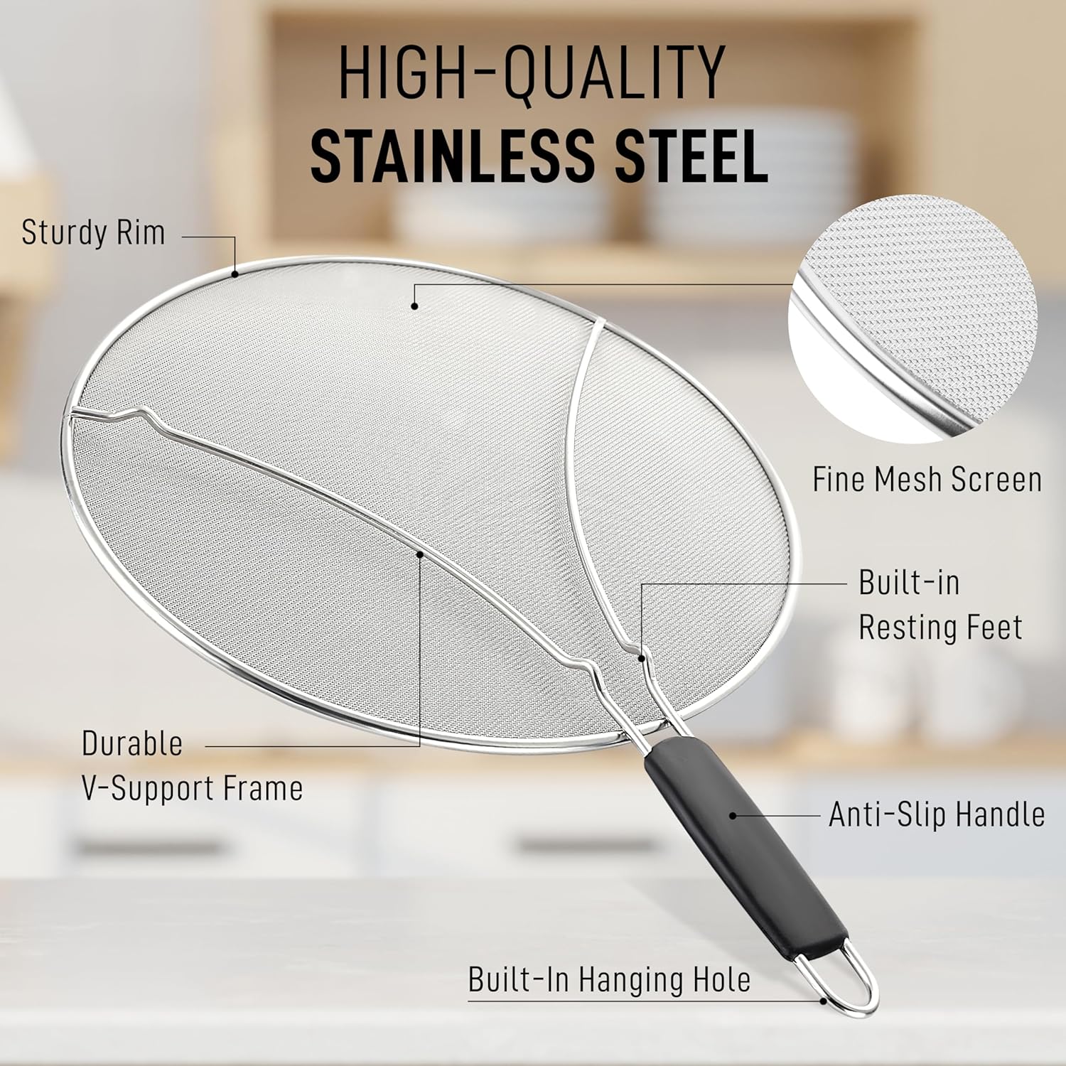 Splatter Screen for Frying Pan 13” - Grease Splatter Guard for Frying Pan - Oil Splatter Guard - Oil Splash Guard for Frying Pan - Stainless Steel Grease Screen for Stove Top Black