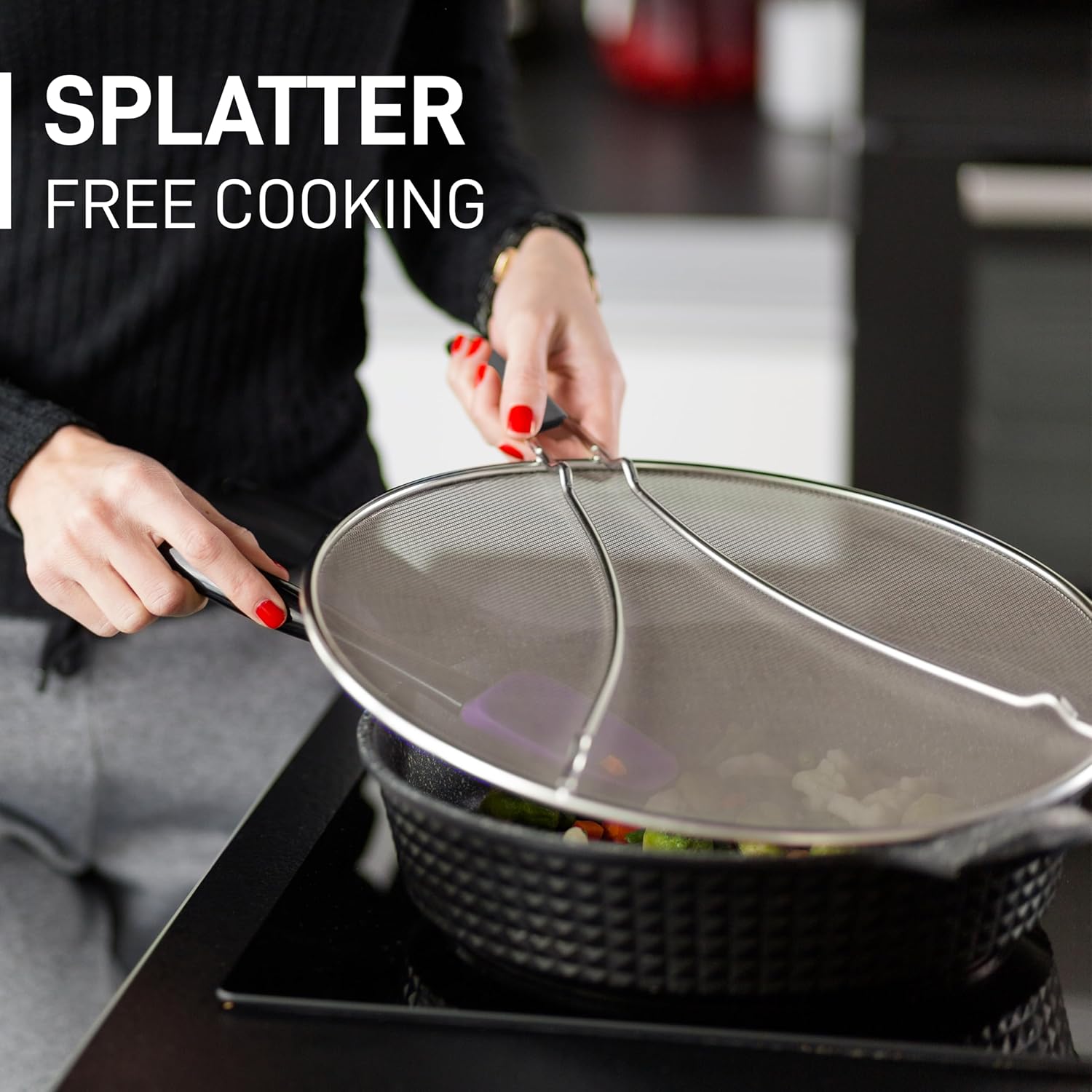 Splatter Screen for Frying Pan 13” - Grease Splatter Guard for Frying Pan - Oil Splatter Guard - Oil Splash Guard for Frying Pan - Stainless Steel Grease Screen for Stove Top Black