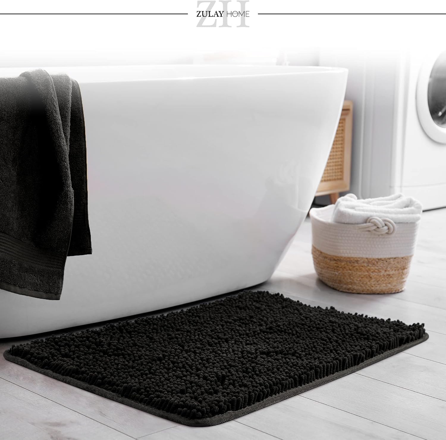 Soft Shaggy Bathroom Rug - Ultra Absorbent Bath Mat - Microfiber Thick Bath Rug for Bathroom, Under The Sink, Bedroom, Shower Black, 20"x30"
