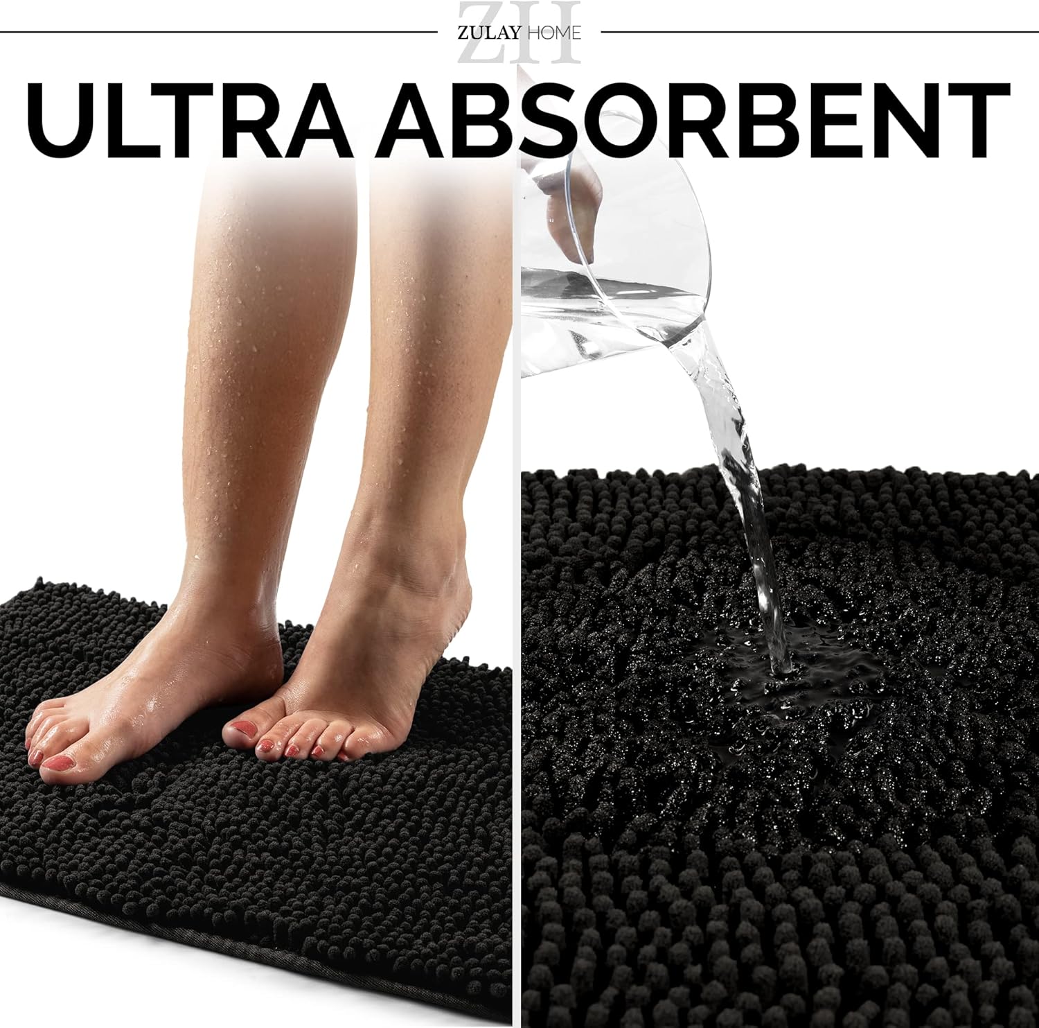 Soft Shaggy Bathroom Rug - Ultra Absorbent Bath Mat - Microfiber Thick Bath Rug for Bathroom, Under The Sink, Bedroom, Shower Black, 20"x30"