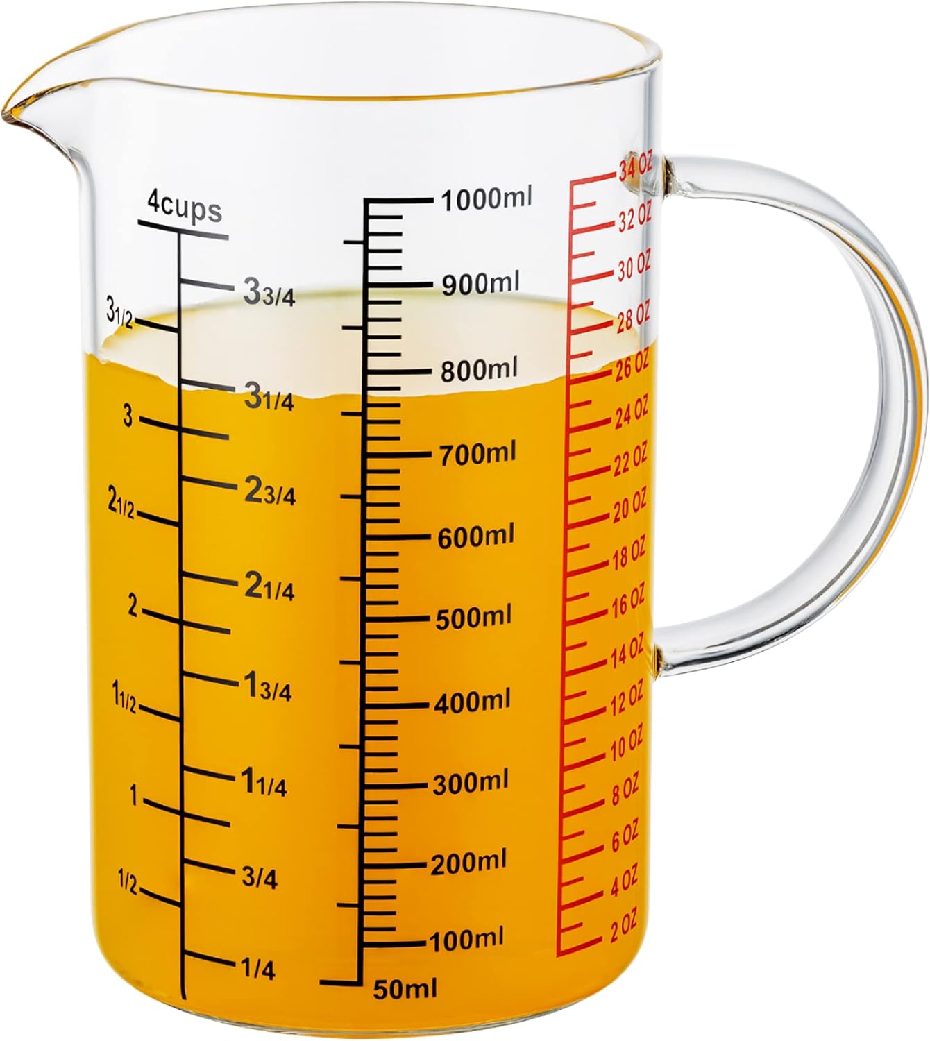 Glass Measuring Cup- Insulated handle | V-Shaped Spout -Made of High Borosilicate Glass Measuring Cup for Kitchen or Restaurant, Easy to Read, 1000 ML 32 Oz, 4 Cup