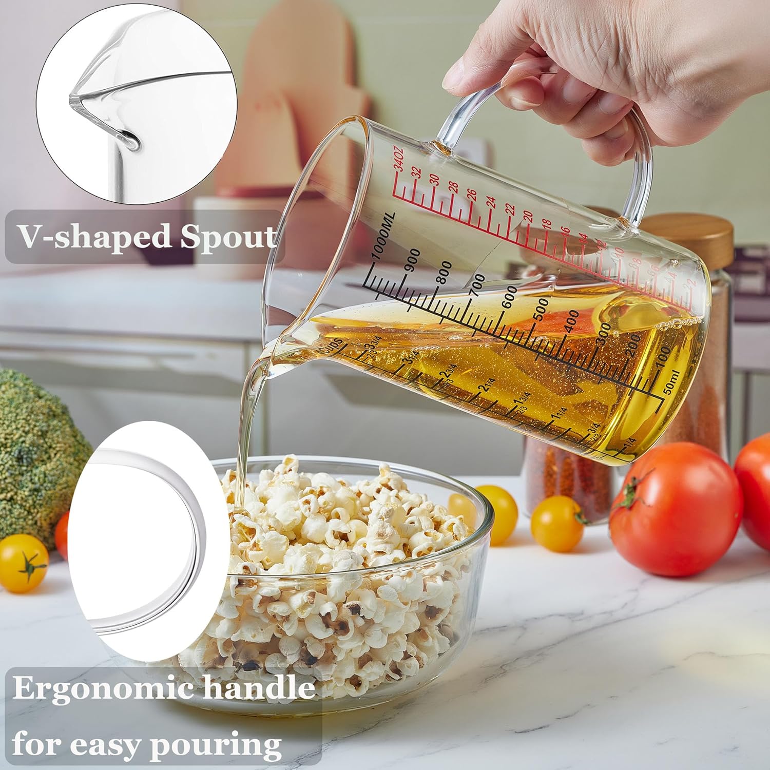 Glass Measuring Cup- Insulated handle | V-Shaped Spout -Made of High Borosilicate Glass Measuring Cup for Kitchen or Restaurant, Easy to Read, 1000 ML 32 Oz, 4 Cup