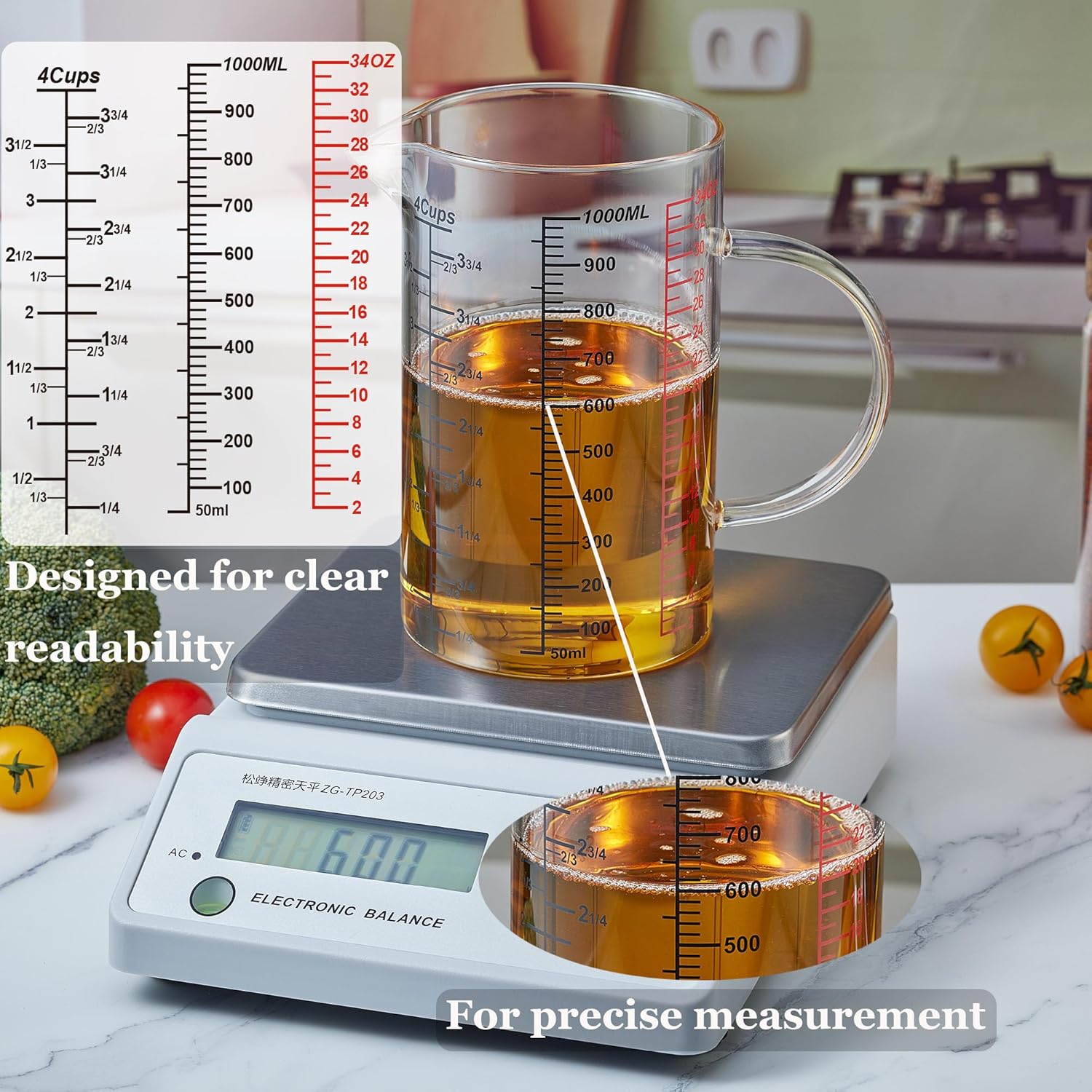 Glass Measuring Cup- Insulated handle | V-Shaped Spout -Made of High Borosilicate Glass Measuring Cup for Kitchen or Restaurant, Easy to Read, 1000 ML 32 Oz, 4 Cup