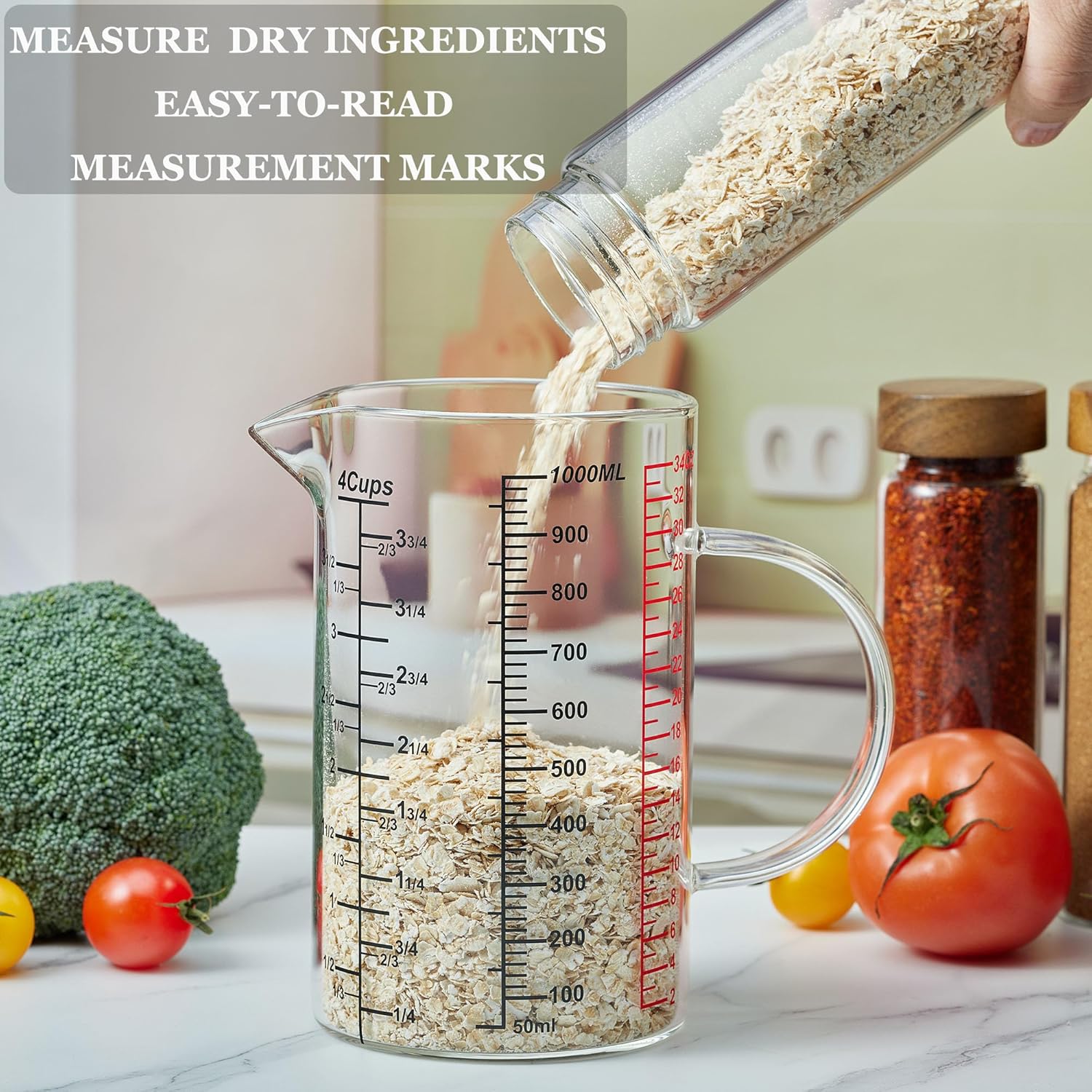 Glass Measuring Cup- Insulated handle | V-Shaped Spout -Made of High Borosilicate Glass Measuring Cup for Kitchen or Restaurant, Easy to Read, 1000 ML 32 Oz, 4 Cup