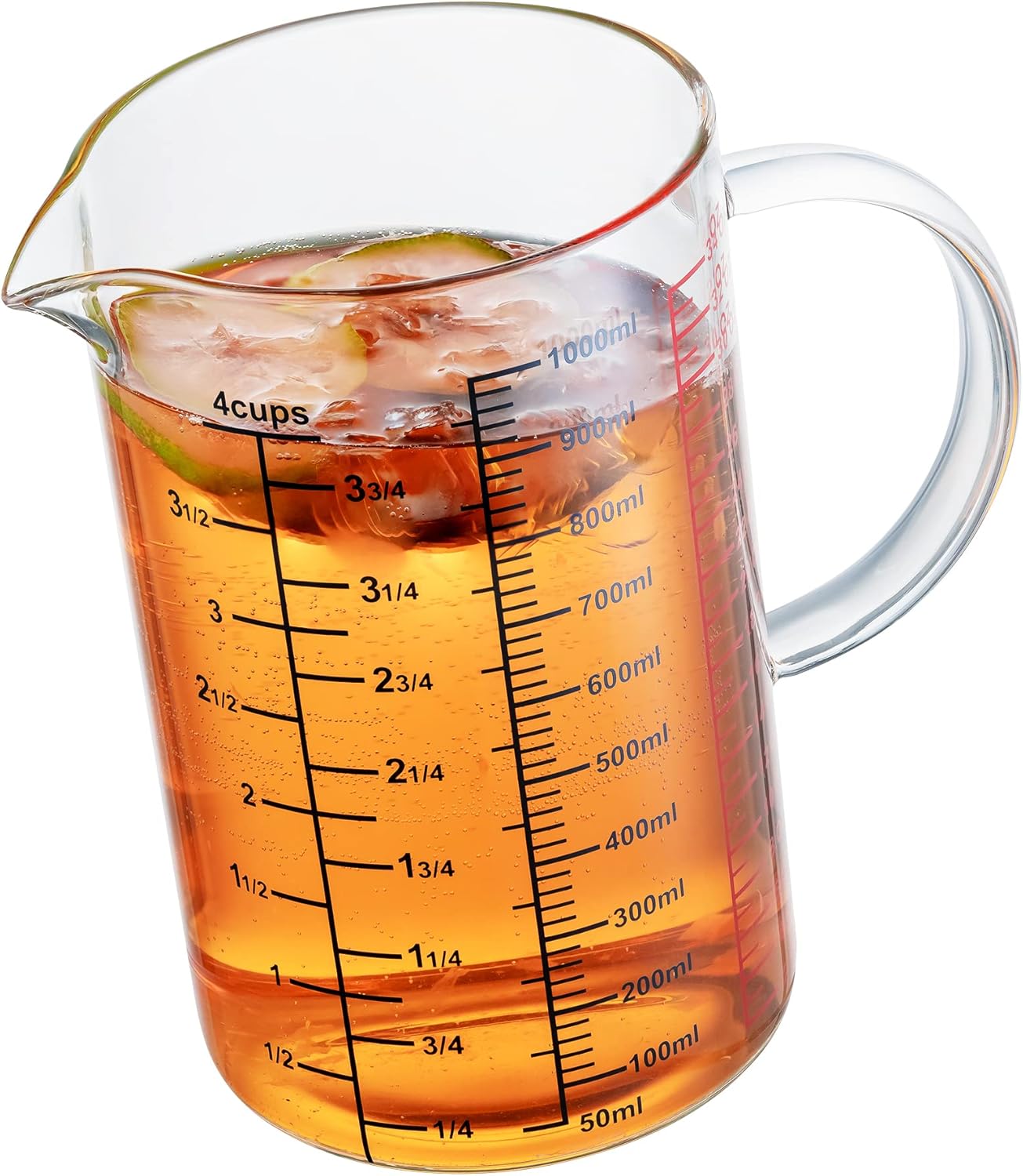 Glass Measuring Cup- Insulated handle | V-Shaped Spout -Made of High Borosilicate Glass Measuring Cup for Kitchen or Restaurant, Easy to Read, 1000 ML 32 Oz, 4 Cup