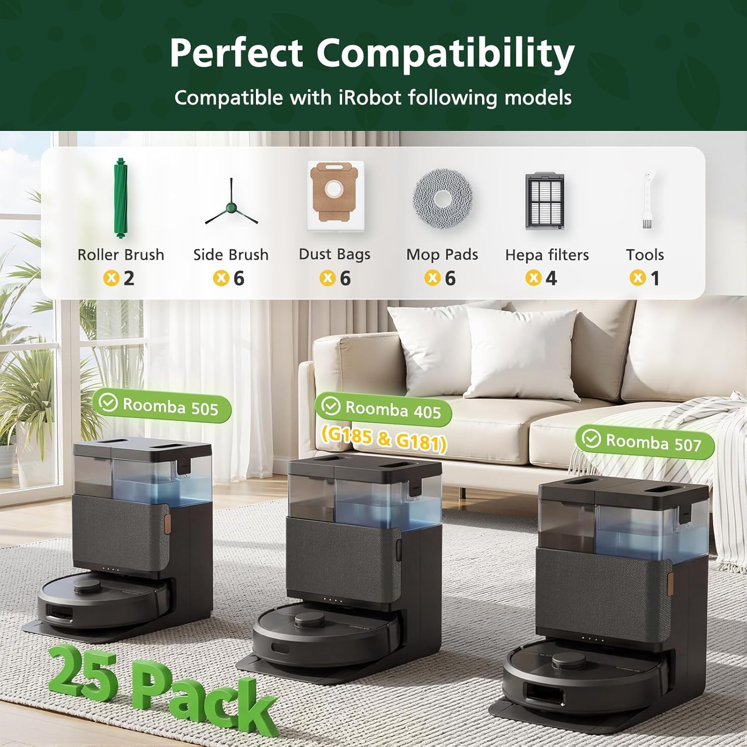 25 Pcs Replacement Parts Kit for iRobot Roomba Plus 405/505 / 507 Combo Robot Vacuum, Accessories Include 2 Main Brush, 6 Vacuum Bags, 4 Hepa Filters, 6 Mop Pads, 6 Side Brushes, 1 Cleaning Brush