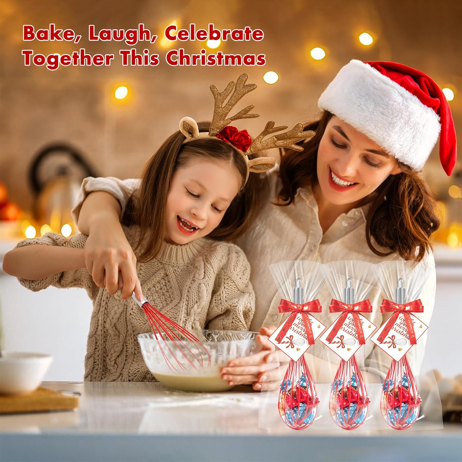 Christmas Whisk Gifts for Neighbors – 8 Sets 8“ Red Silicone Whisks with “We Whisk You a Merry Christmas” Cards, Gift Bags & Ribbons, Fun DIY Stocking Stuffers for Family, Friends, Teachers