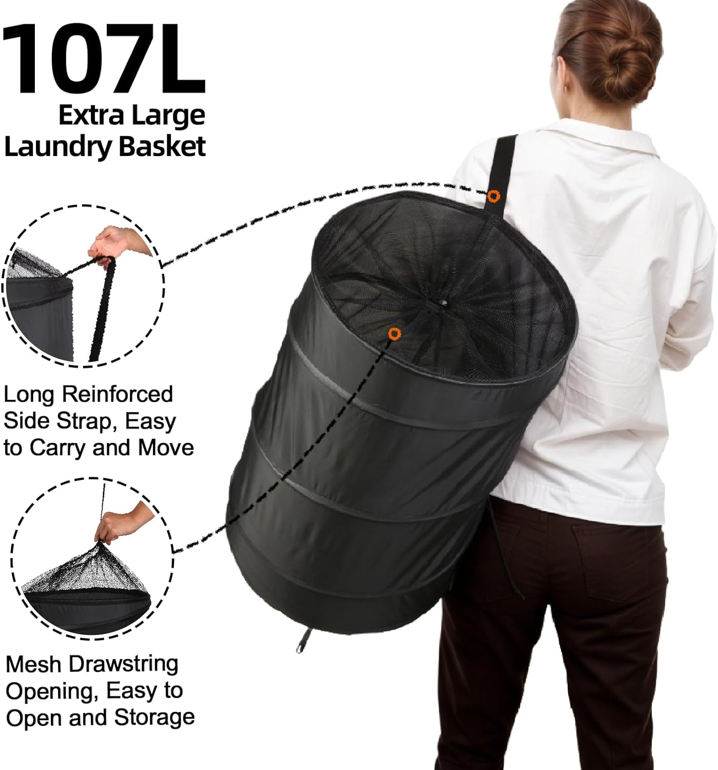 Extra Large 107L Strong Laundry Hamper 17.5" x 27" Collapsible Laundry Baskets with Long Straps Drawstring Barrel Foldable Hamper for Laundry Room, Bathroom, Campout, College Dorm or Travel
