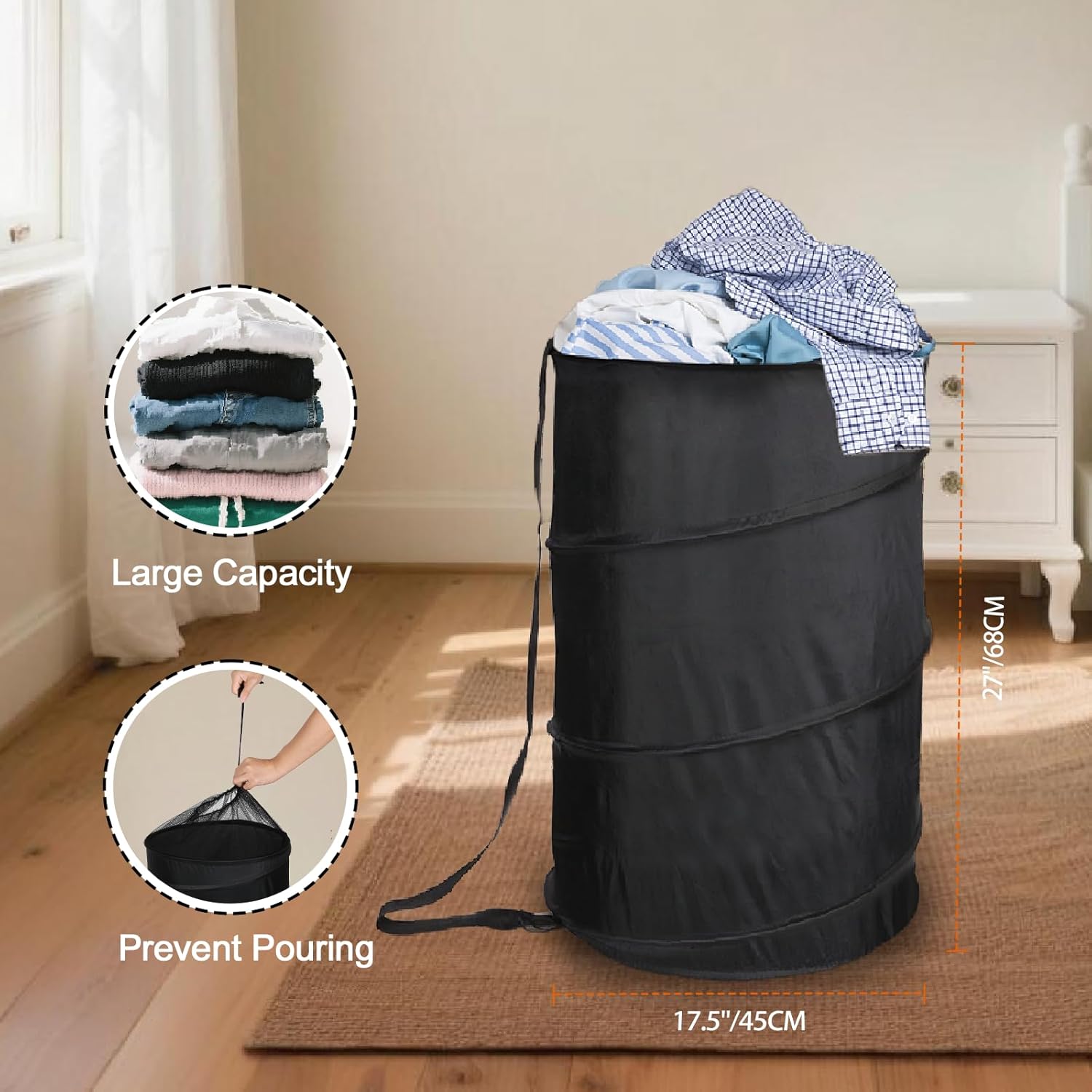Extra Large 107L Strong Laundry Hamper 17.5" x 27" Collapsible Laundry Baskets with Long Straps Drawstring Barrel Foldable Hamper for Laundry Room, Bathroom, Campout, College Dorm or Travel