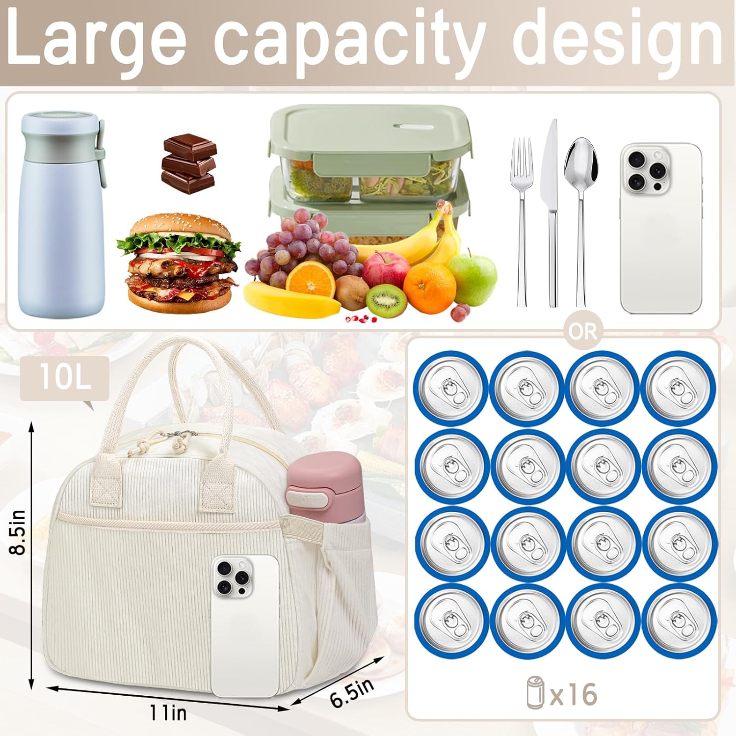 Lunch Box for Women, Insulated Lunch Bag Cute Corduroy Lunchbox Reusable Tote Bags for Work beige corduroy