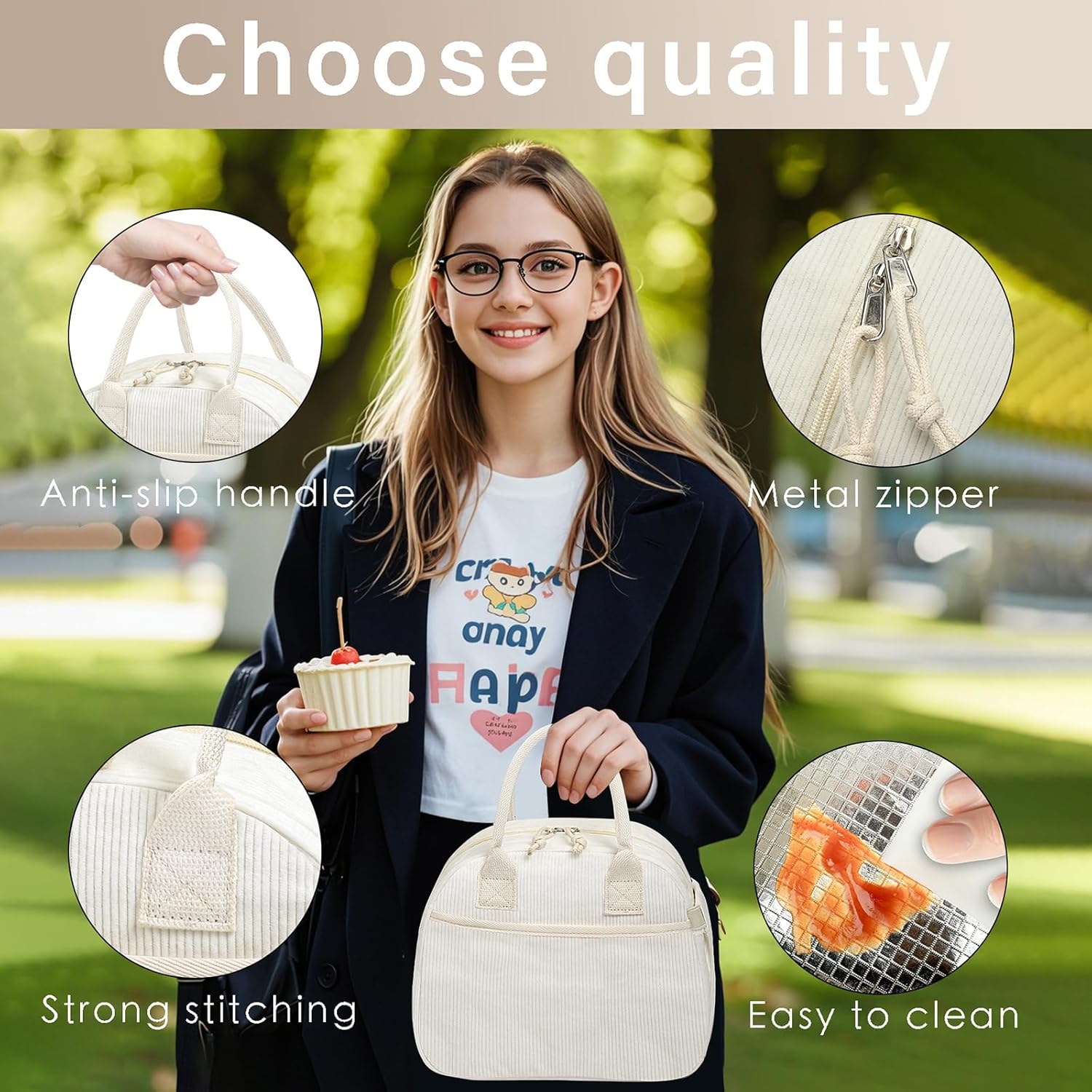 Lunch Box for Women, Insulated Lunch Bag Cute Corduroy Lunchbox Reusable Tote Bags for Work beige corduroy