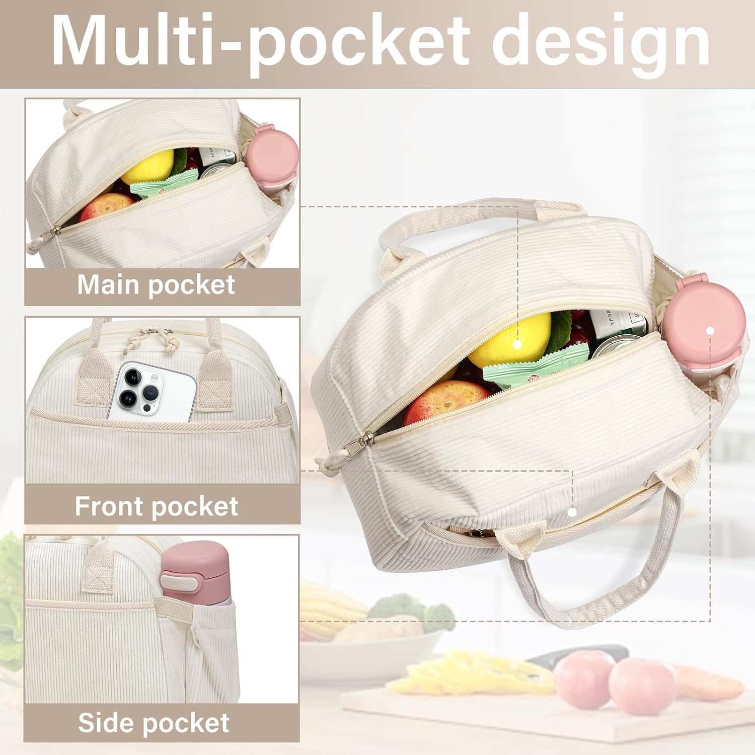 Lunch Box for Women, Insulated Lunch Bag Cute Corduroy Lunchbox Reusable Tote Bags for Work beige corduroy