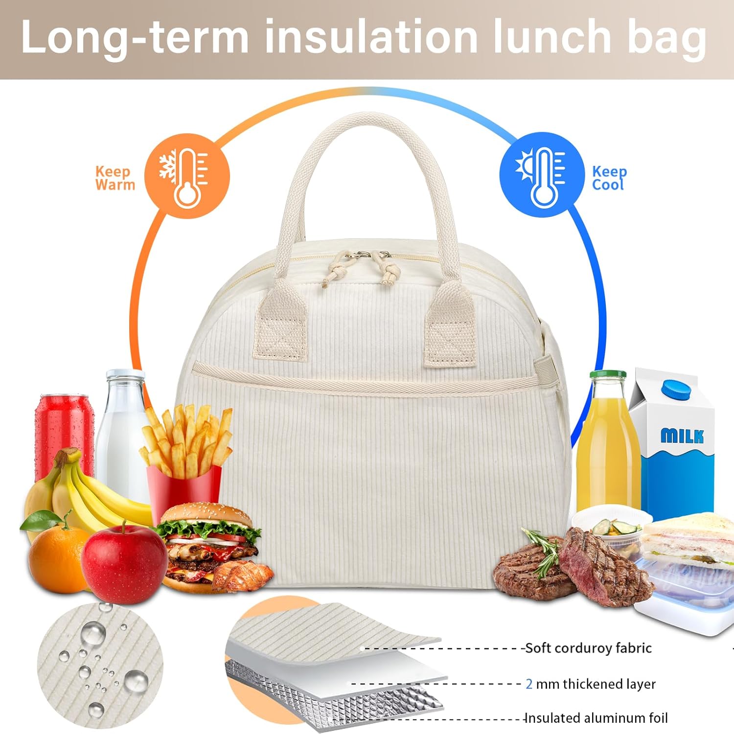 Lunch Box for Women, Insulated Lunch Bag Cute Corduroy Lunchbox Reusable Tote Bags for Work beige corduroy