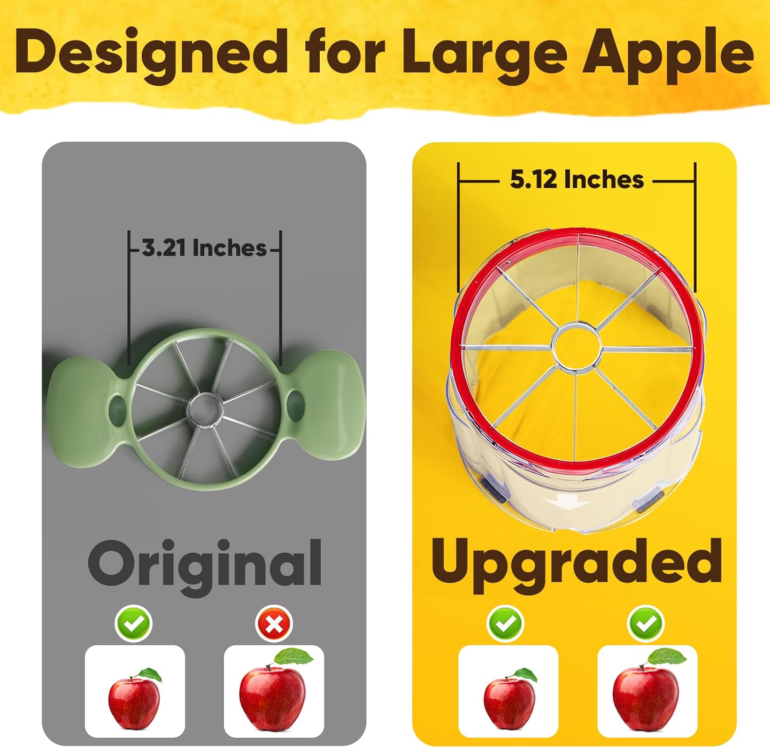 5.12-Inch Apple Slicer - 8 Slices, Ultra-Safe & Heavy-Duty Stainless Steel Extra Large Apple Cutter, Upgraded Cut Apples All The Way Through, with Transparent Bowl