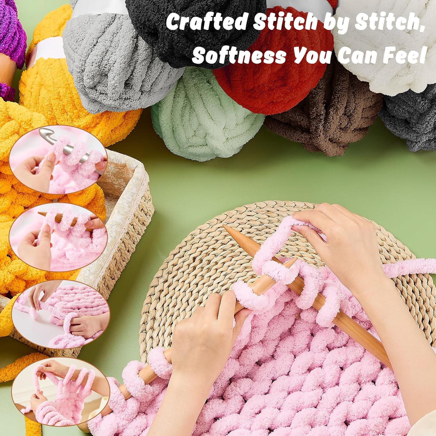 8 Pack Chunky Chenille Yarn for Crocheting– 30.6 Yards, 7.7oz, Super Bulky, Soft Fluffy Plush Yarn for Hand or Arm Knitting– Ideal for Blankets, Crafts & DIY Projects Light Pink