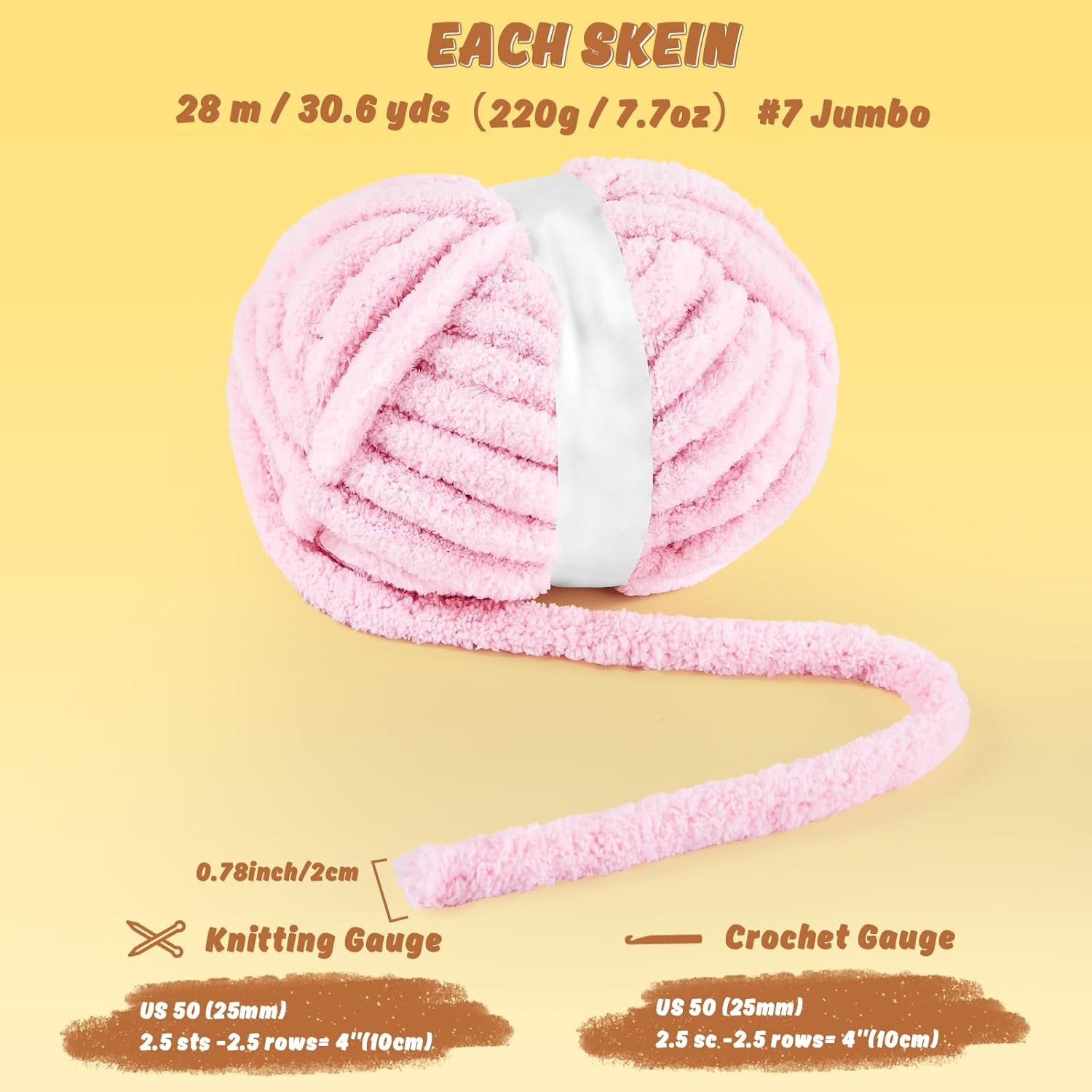 8 Pack Chunky Chenille Yarn for Crocheting– 30.6 Yards, 7.7oz, Super Bulky, Soft Fluffy Plush Yarn for Hand or Arm Knitting– Ideal for Blankets, Crafts & DIY Projects Light Pink
